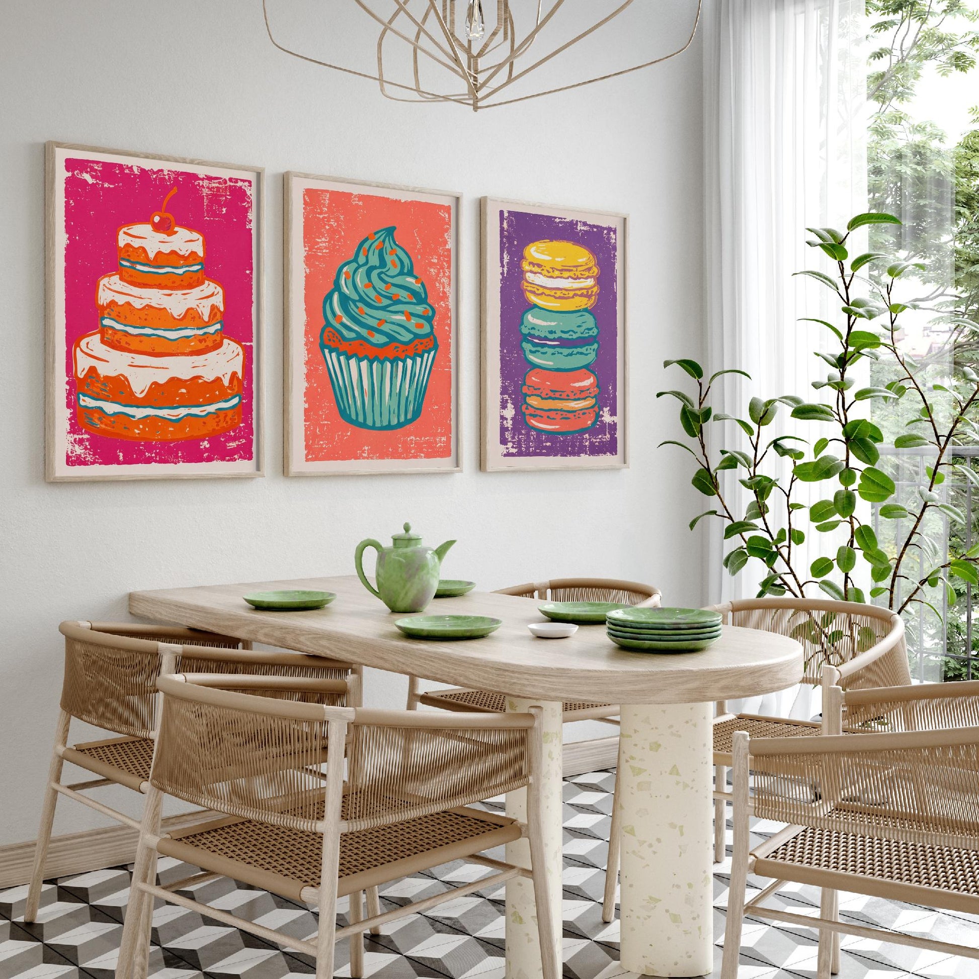 Set of Three Cakes and Patisserie Art Prints - Layer Cake, Cupcake & Macarons - Linocut Style Illustrations - Kitchen Posters V1