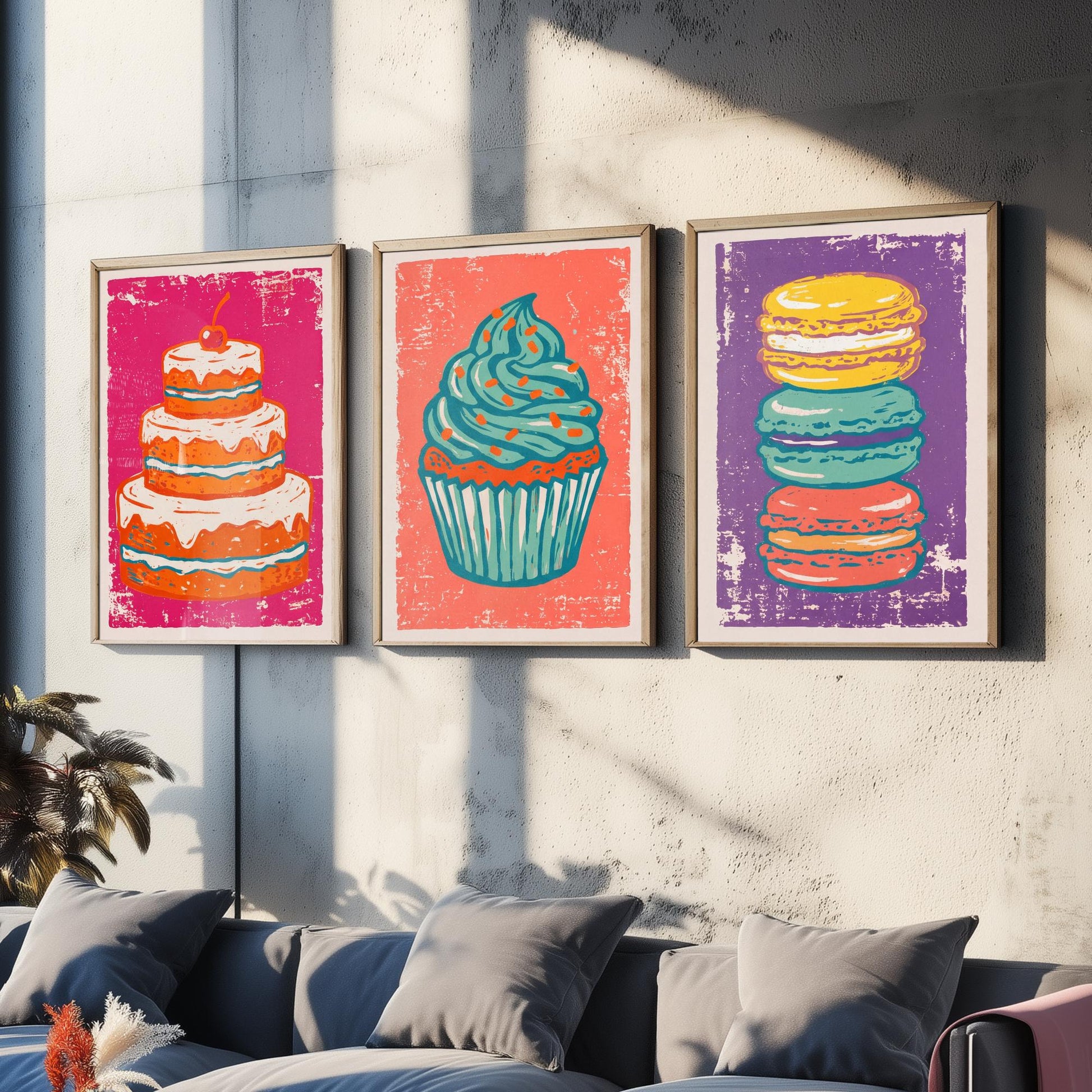 Set of Three Cakes and Patisserie Art Prints - Layer Cake, Cupcake & Macarons - Linocut Style Illustrations - Kitchen Posters V1