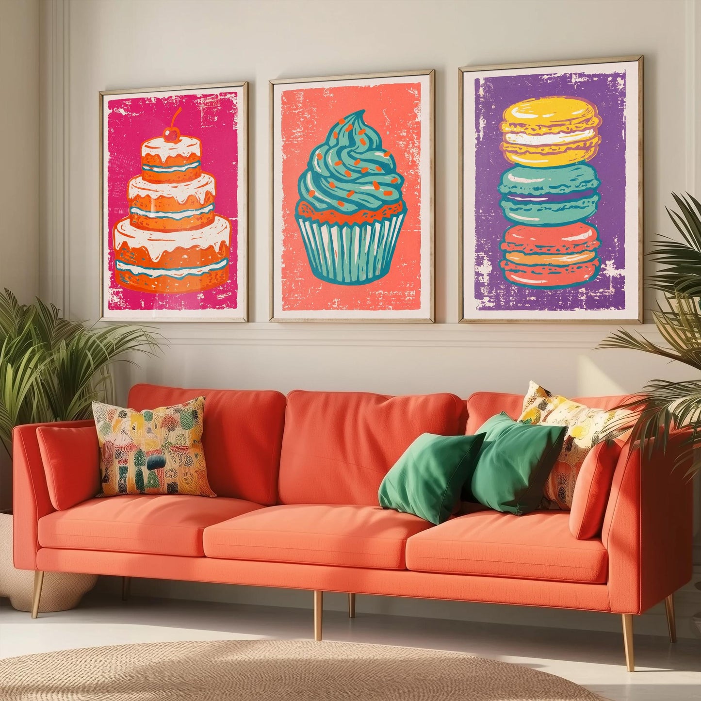 Set of Three Cakes and Patisserie Art Prints - Layer Cake, Cupcake & Macarons - Linocut Style Illustrations - Kitchen Posters V1