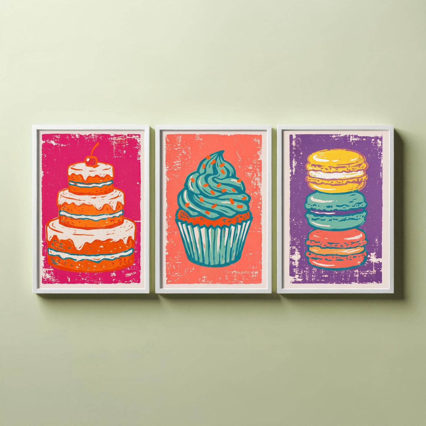 Set of Three Cakes and Patisserie Art Prints - Layer Cake, Cupcake & Macarons - Linocut Style Illustrations - Kitchen Posters V1