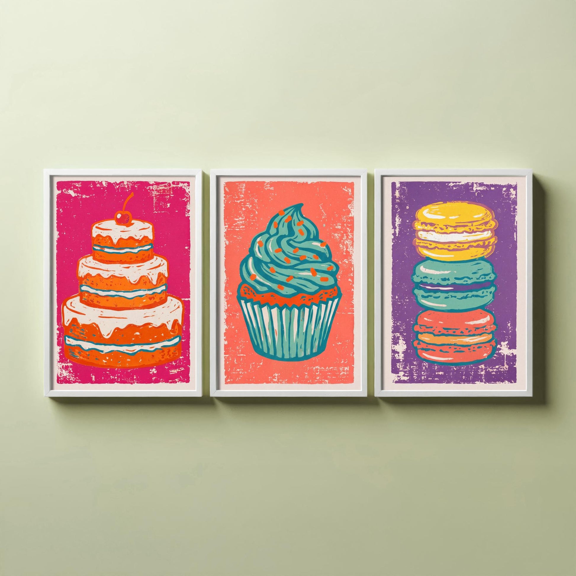 Set of Three Cakes and Patisserie Art Prints - Layer Cake, Cupcake & Macarons - Linocut Style Illustrations - Kitchen Posters V1