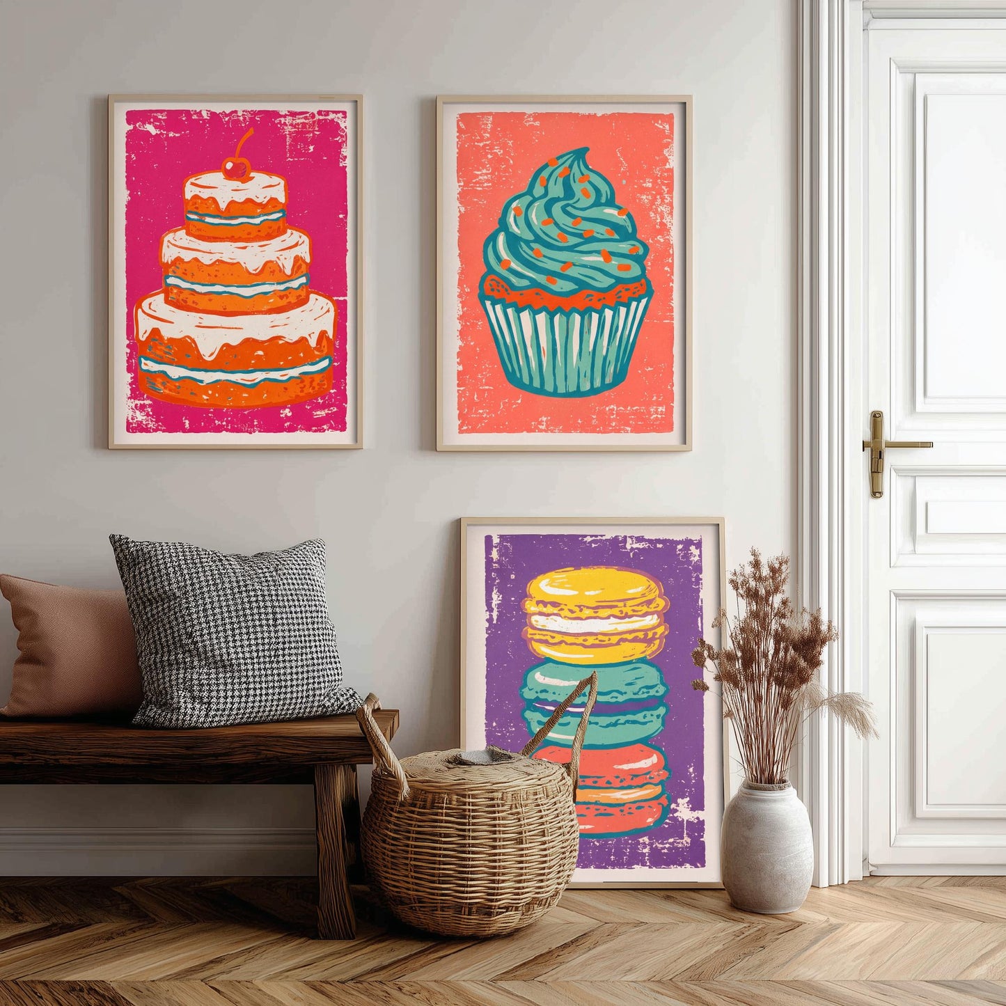 Set of Three Cakes and Patisserie Art Prints - Layer Cake, Cupcake & Macarons - Linocut Style Illustrations - Kitchen Posters V1