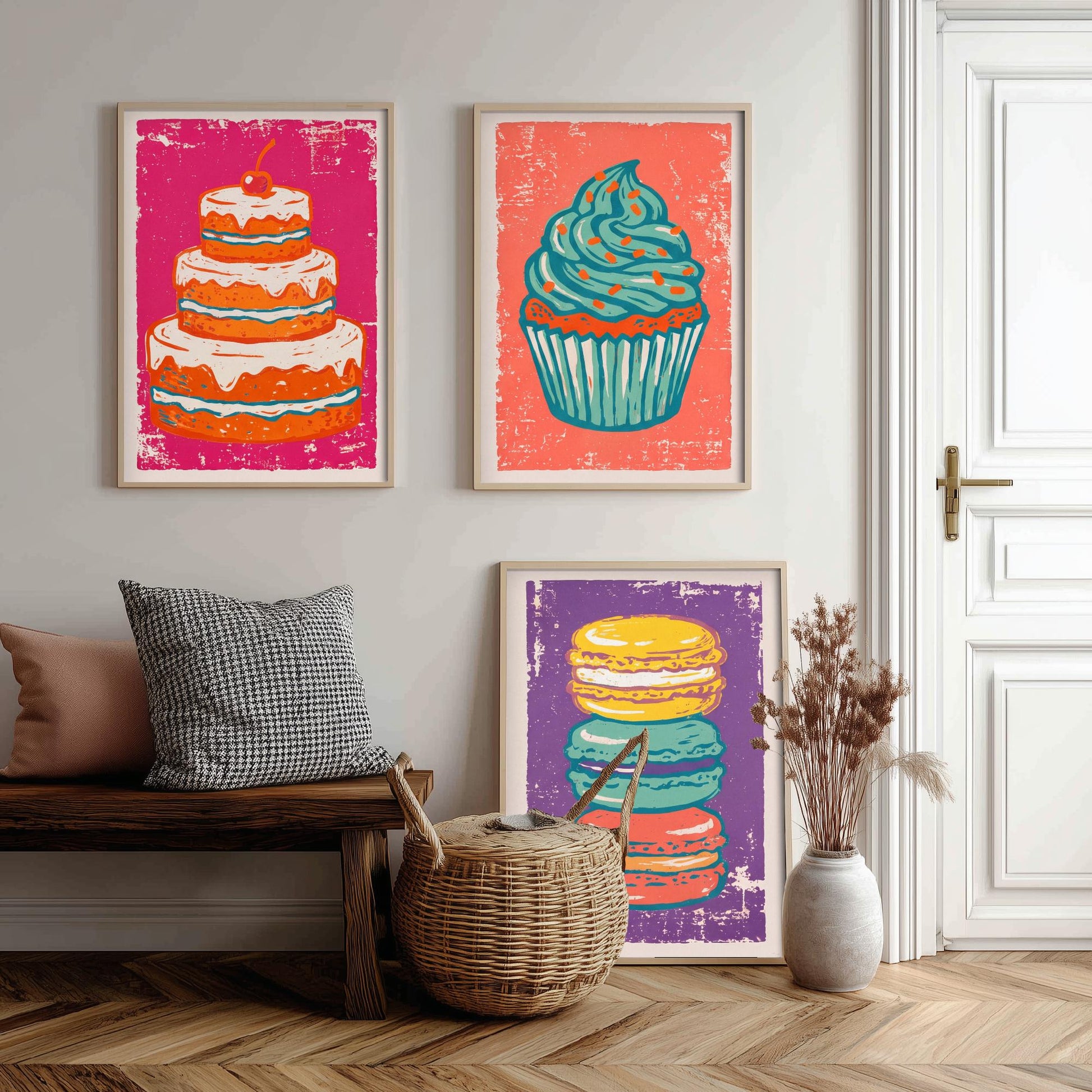 Set of Three Cakes and Patisserie Art Prints - Layer Cake, Cupcake & Macarons - Linocut Style Illustrations - Kitchen Posters V1