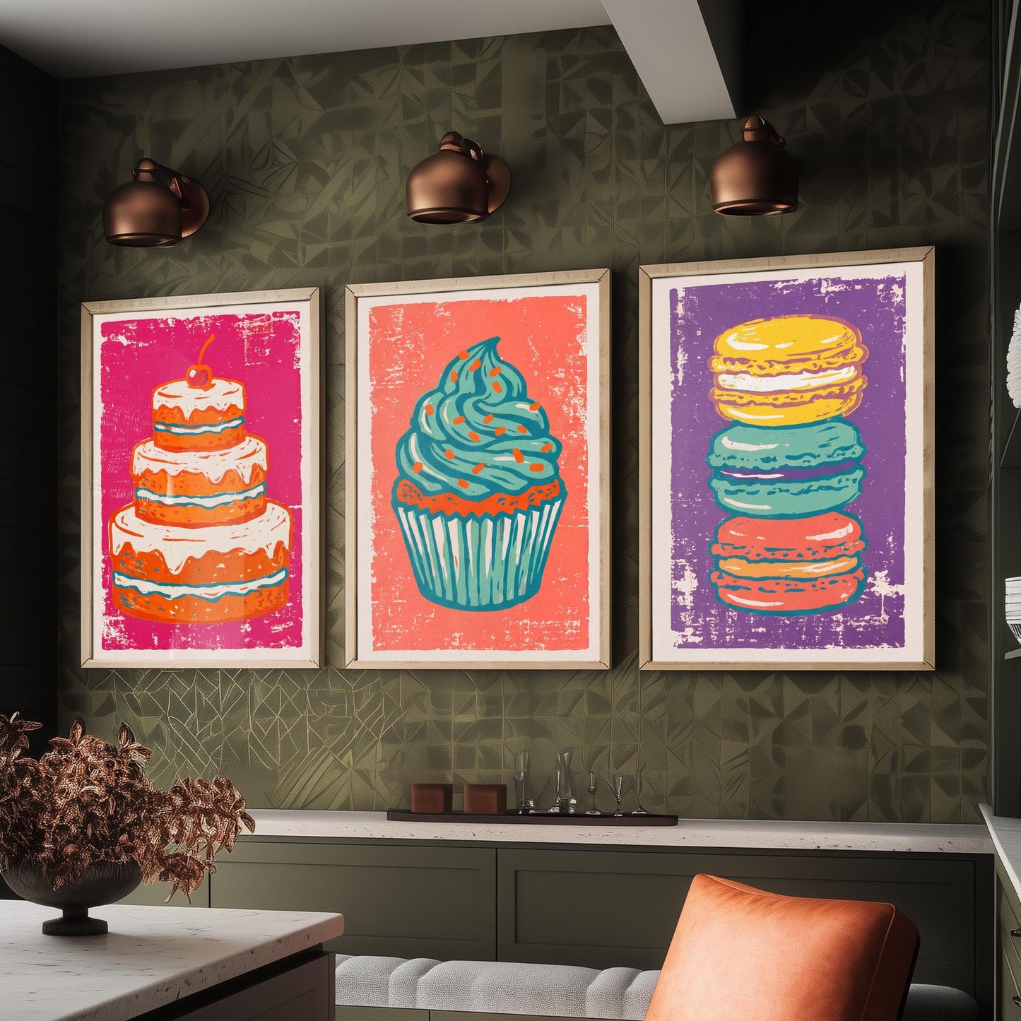 Set of Three Cakes and Patisserie Art Prints - Layer Cake, Cupcake & Macarons - Linocut Style Illustrations - Kitchen Posters V1