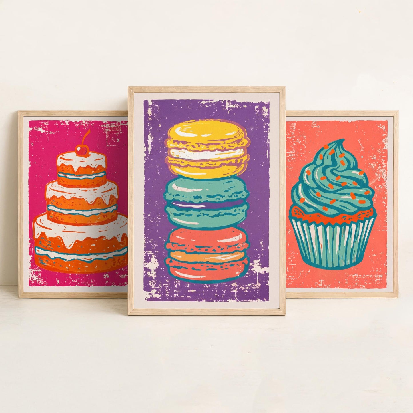 Set of Three Cakes and Patisserie Art Prints - Layer Cake, Cupcake & Macarons - Linocut Style Illustrations - Kitchen Posters V1