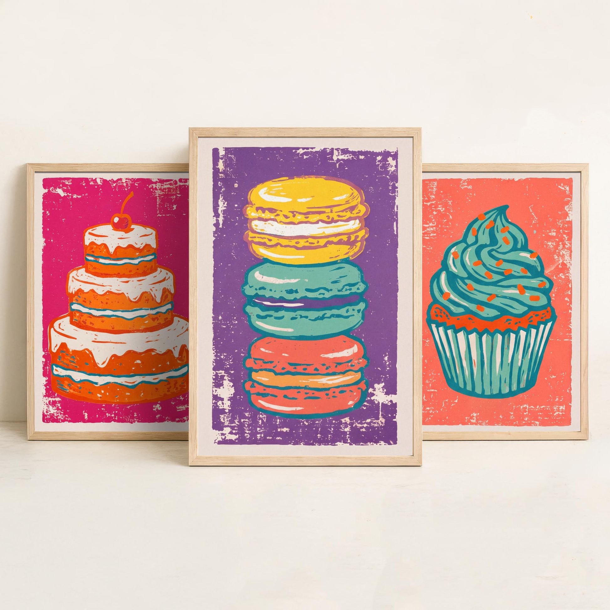 Set of Three Cakes and Patisserie Art Prints - Layer Cake, Cupcake & Macarons - Linocut Style Illustrations - Kitchen Posters V1