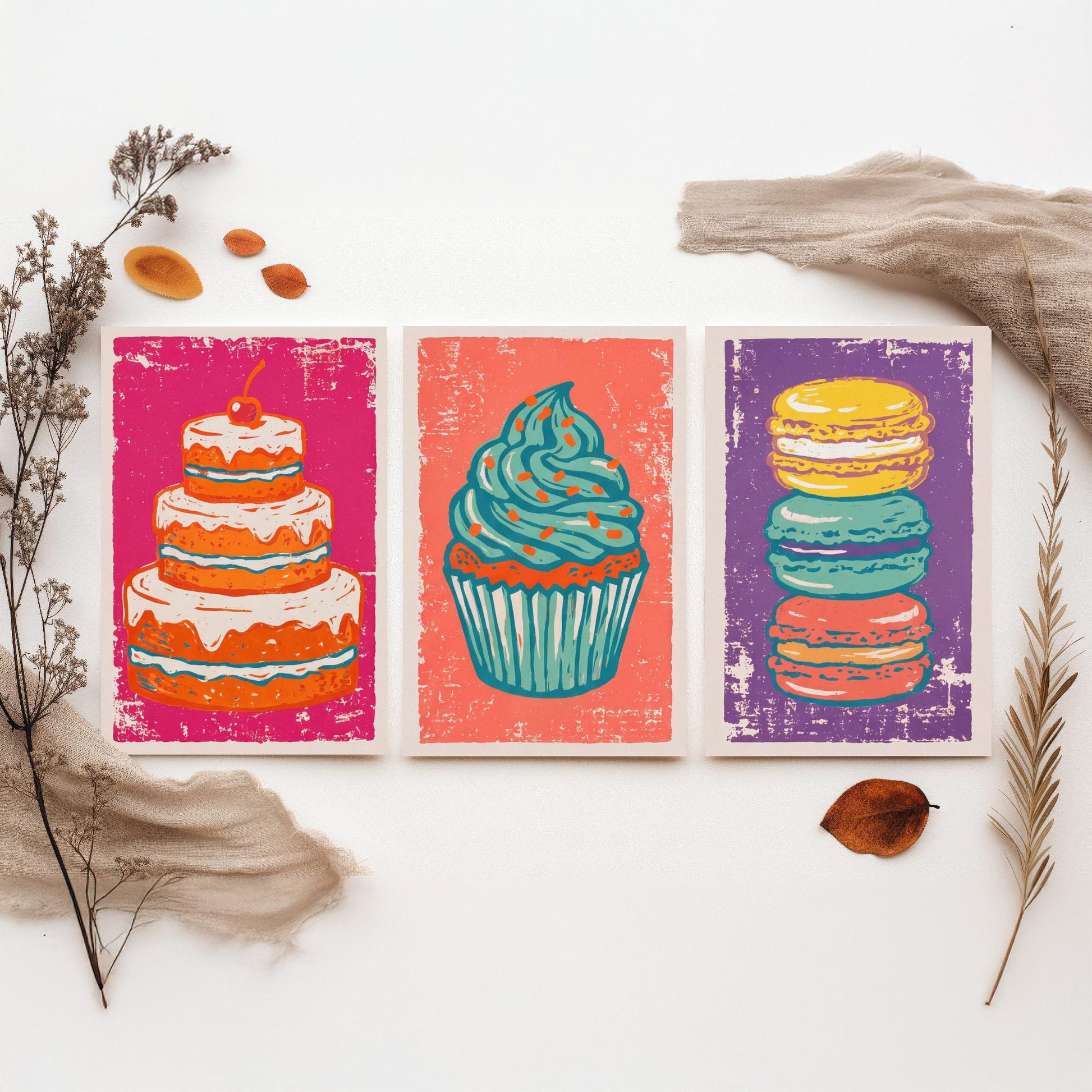 Set of Three Cakes and Patisserie Art Prints - Layer Cake, Cupcake & Macarons - Linocut Style Illustrations - Kitchen Posters V1