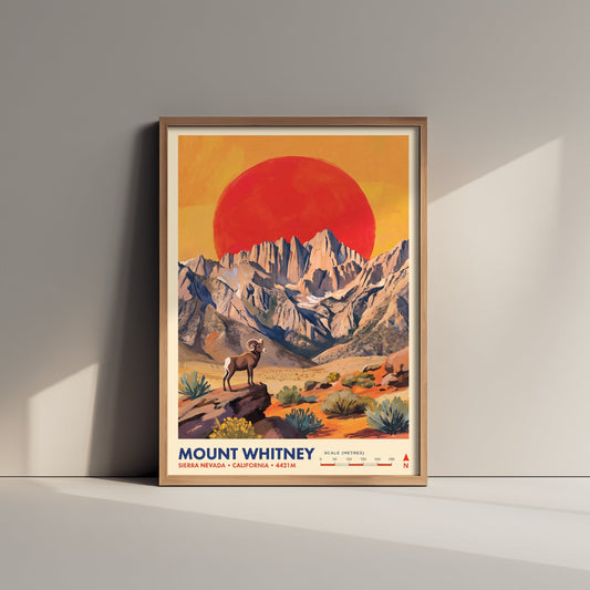 Mount Whitney Travel Poster - Sierra Nevada Art Print - Bighorn Sheep Red Sun Illustration - California USA 1/3