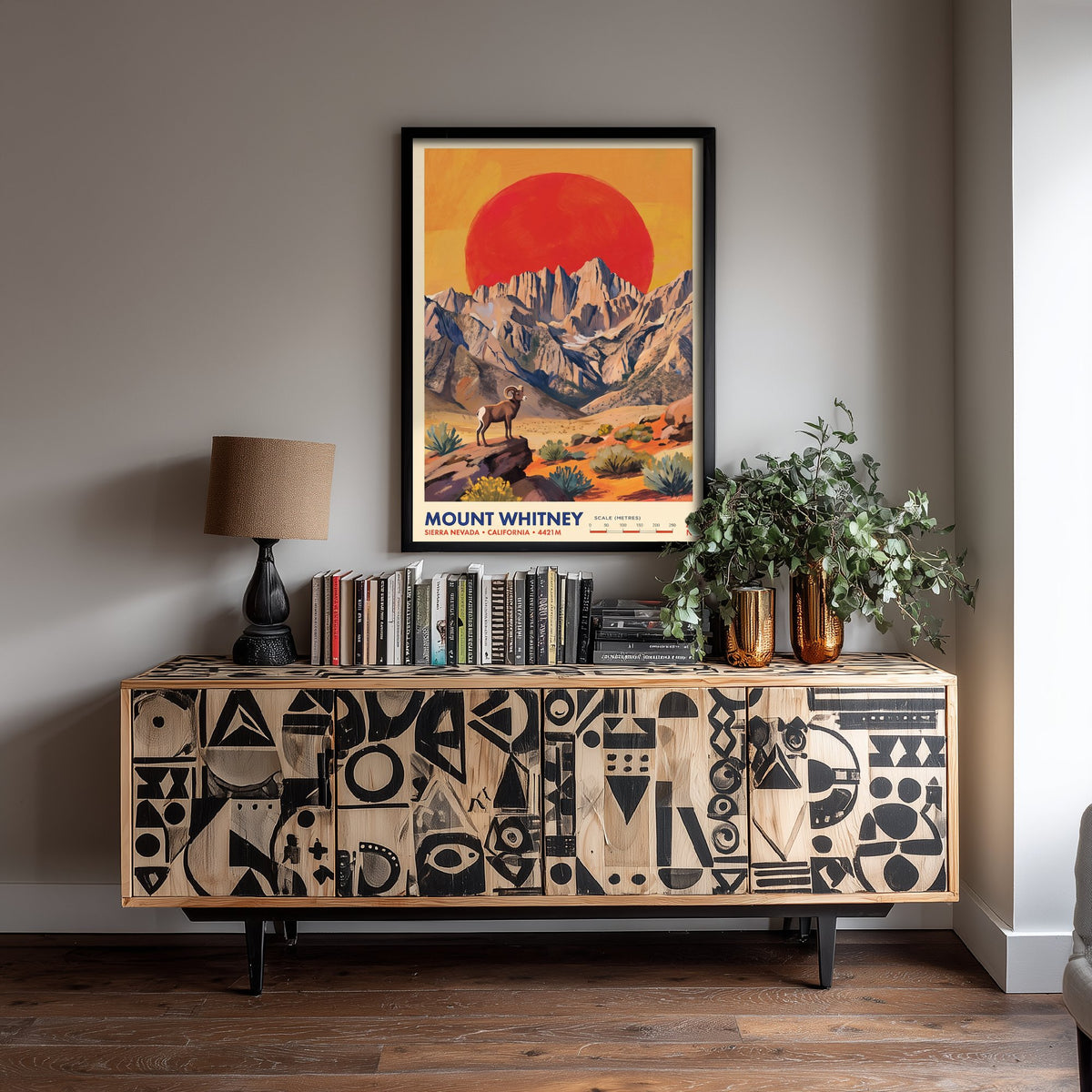 Mount Whitney Travel Poster - Sierra Nevada Art Print - Bighorn Sheep Red Sun Illustration - California USA 1/3