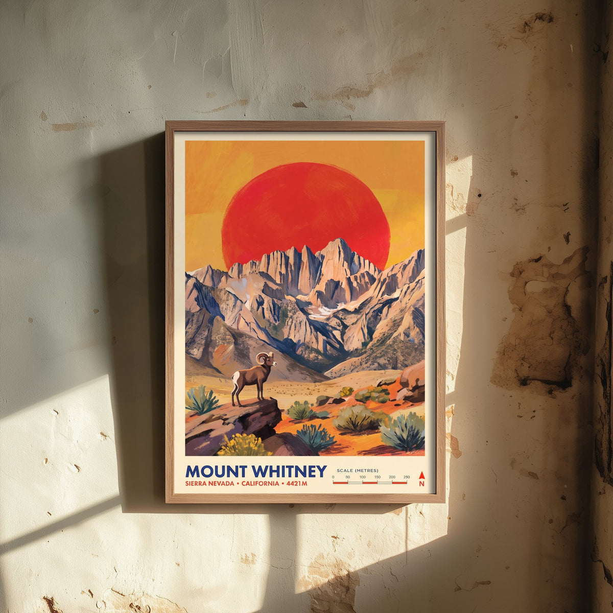 Mount Whitney Travel Poster - Sierra Nevada Art Print - Bighorn Sheep Red Sun Illustration - California USA 1/3