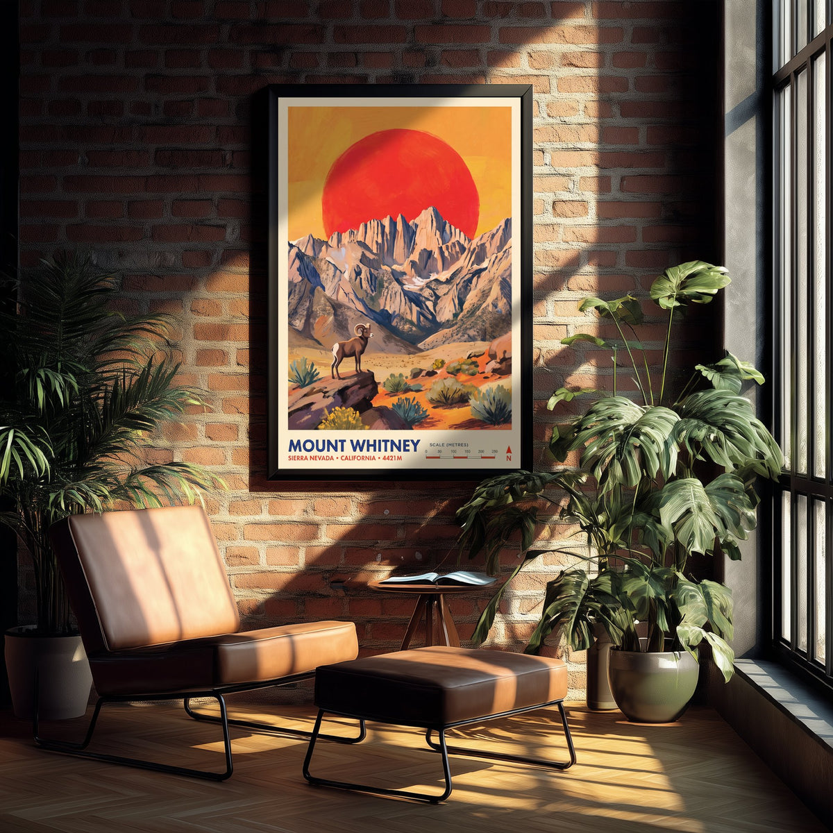 Mount Whitney Travel Poster - Sierra Nevada Art Print - Bighorn Sheep Red Sun Illustration - California USA 1/3