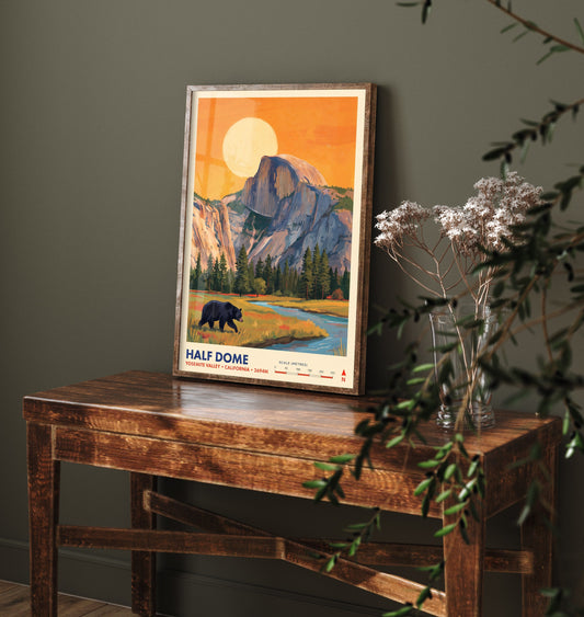 Half Dome Travel Poster - Yosemite Valley Art Print - Black Bear Illustration - California Mountain Sunset 2/3