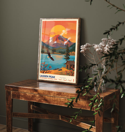 Lassen Peak Travel Poster - California Volcano Art Print - Bald Eagle Lake Cabin Illustration - Cascade Range 3/3