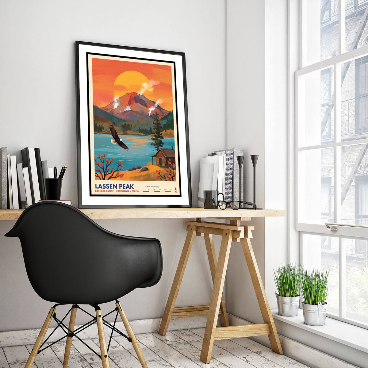 Lassen Peak Travel Poster - California Volcano Art Print - Bald Eagle Lake Cabin Illustration - Cascade Range 3/3