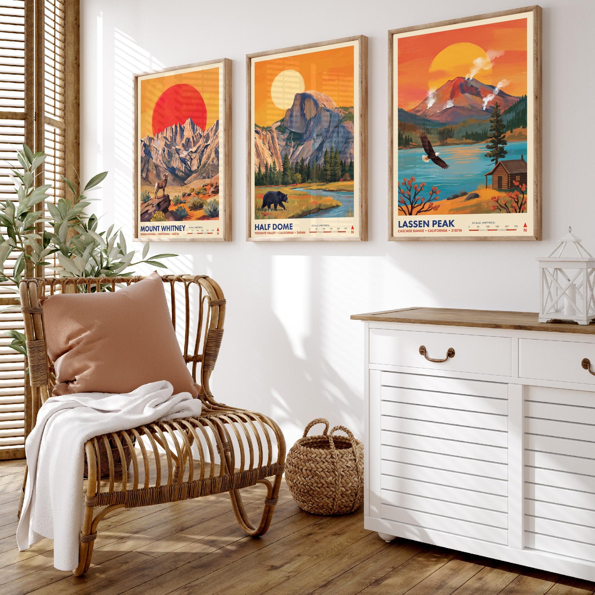 California Peaks Set of Three Art Prints - Mount Whitney, Half Dome, Lassen Peak - USA Mountain Travel Posters - Vibrant Painting