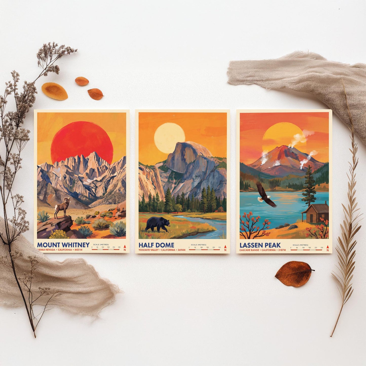 California Peaks Set of Three Art Prints - Mount Whitney, Half Dome, Lassen Peak - USA Mountain Travel Posters - Vibrant Painting