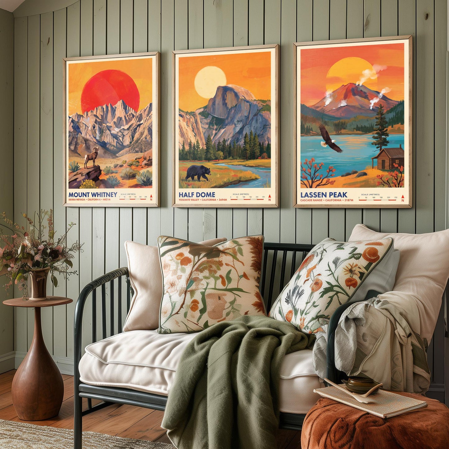California Peaks Set of Three Art Prints - Mount Whitney, Half Dome, Lassen Peak - USA Mountain Travel Posters - Vibrant Painting