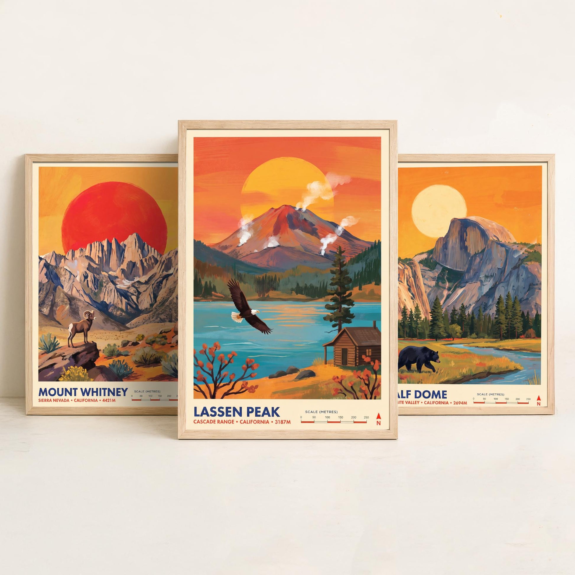 California Peaks Set of Three Art Prints - Mount Whitney, Half Dome, Lassen Peak - USA Mountain Travel Posters - Vibrant Painting