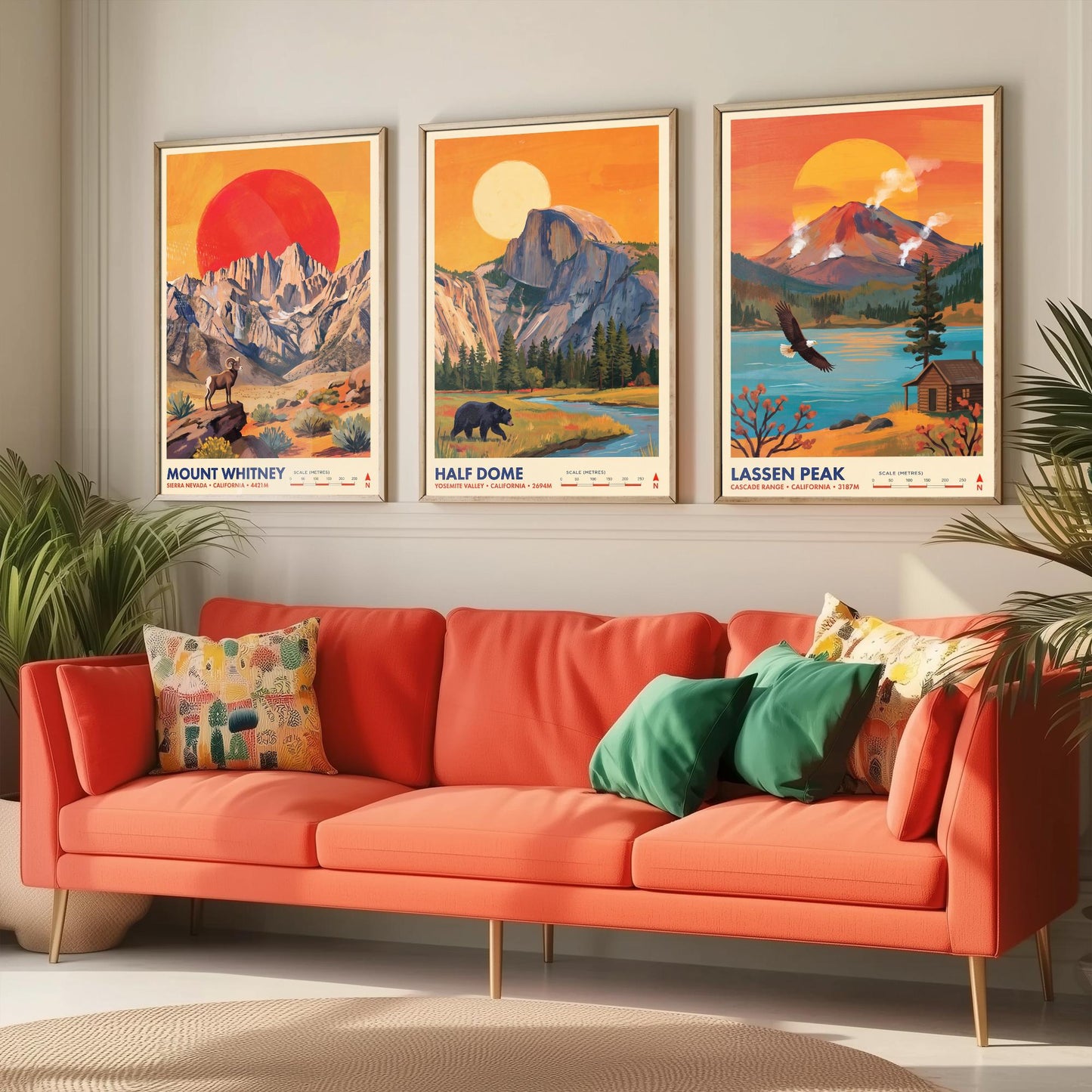 California Peaks Set of Three Art Prints - Mount Whitney, Half Dome, Lassen Peak - USA Mountain Travel Posters - Vibrant Painting