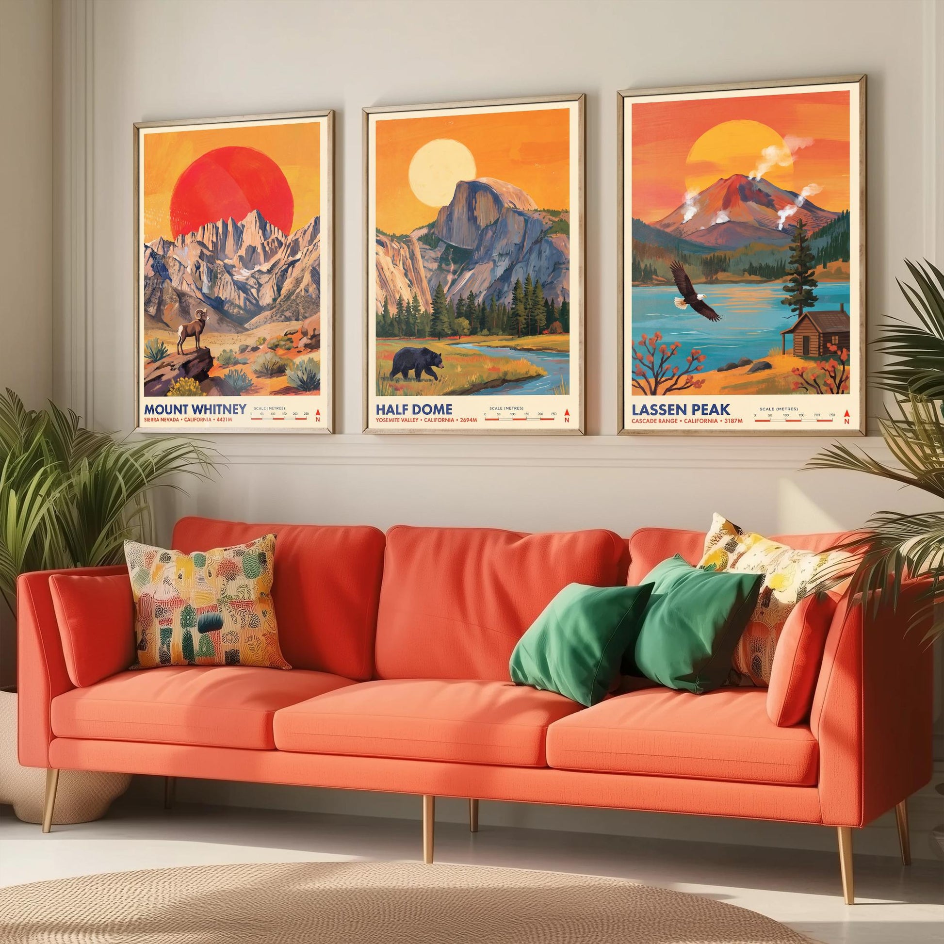 California Peaks Set of Three Art Prints - Mount Whitney, Half Dome, Lassen Peak - USA Mountain Travel Posters - Vibrant Painting