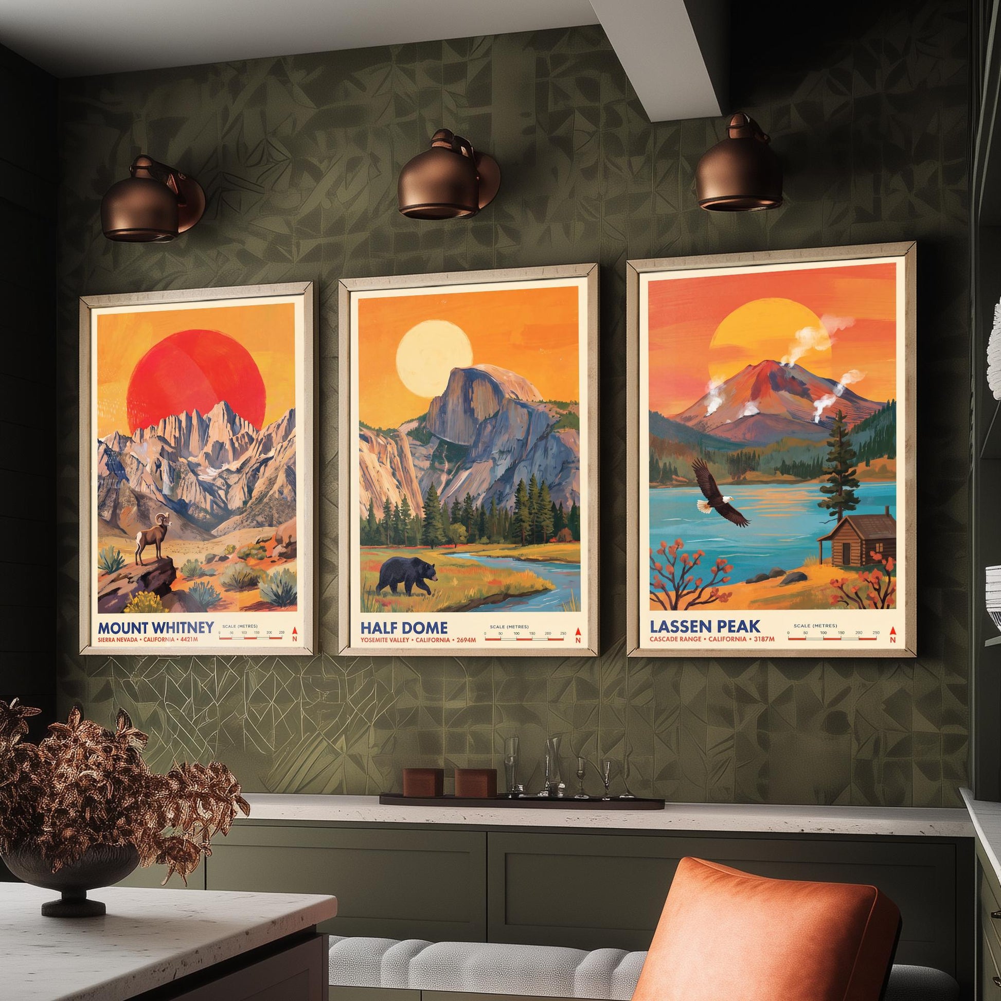 California Peaks Set of Three Art Prints - Mount Whitney, Half Dome, Lassen Peak - USA Mountain Travel Posters - Vibrant Painting