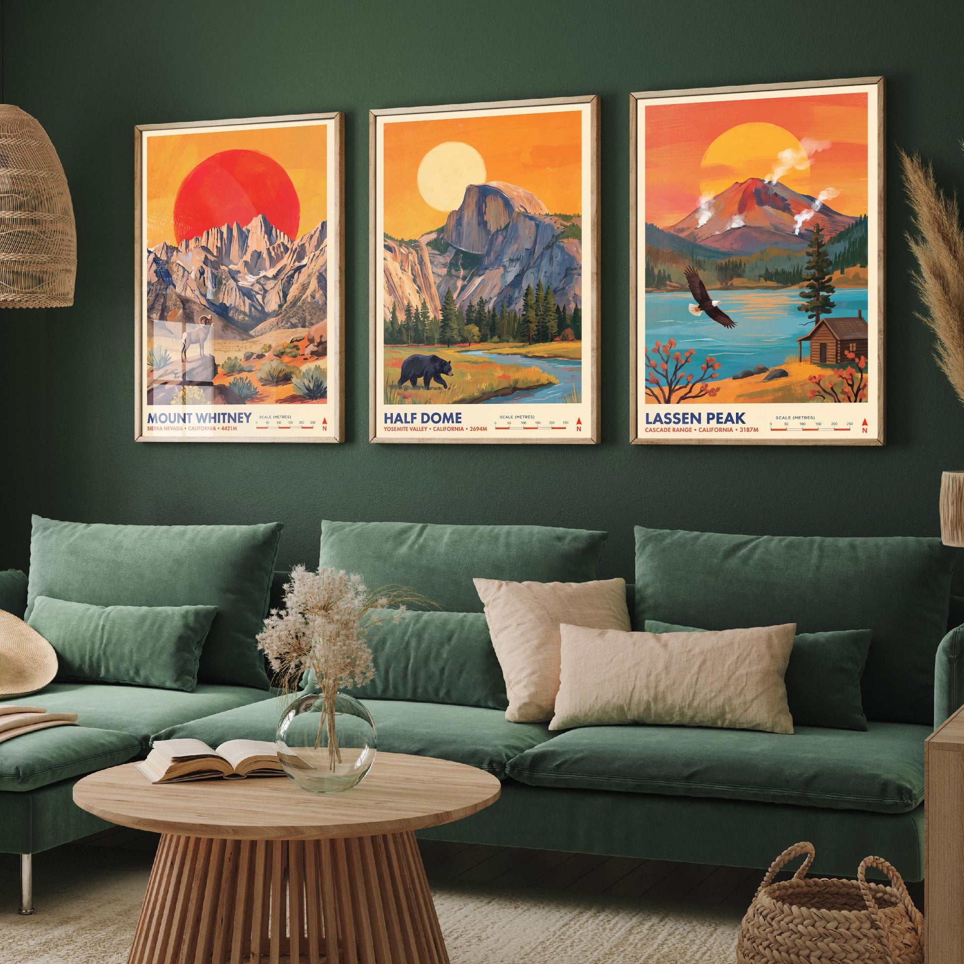 California Peaks Set of Three Art Prints - Mount Whitney, Half Dome, Lassen Peak - USA Mountain Travel Posters - Vibrant Painting