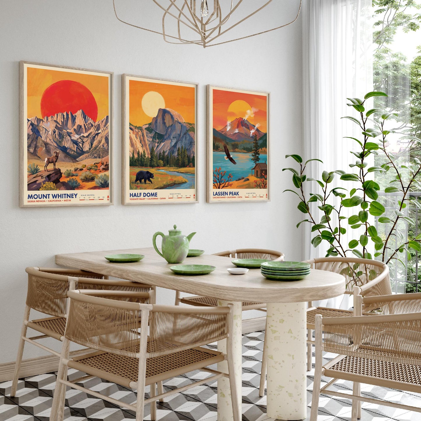 California Peaks Set of Three Art Prints - Mount Whitney, Half Dome, Lassen Peak - USA Mountain Travel Posters - Vibrant Painting