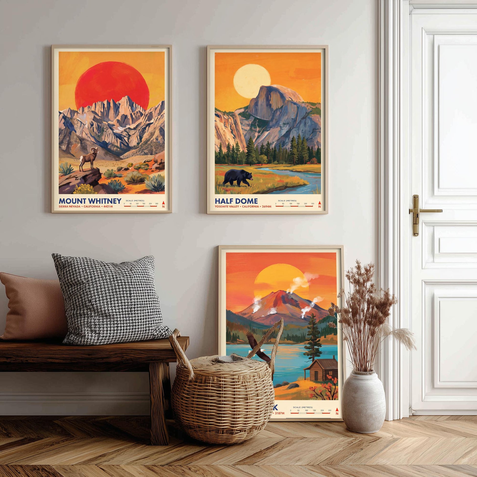 California Peaks Set of Three Art Prints - Mount Whitney, Half Dome, Lassen Peak - USA Mountain Travel Posters - Vibrant Painting
