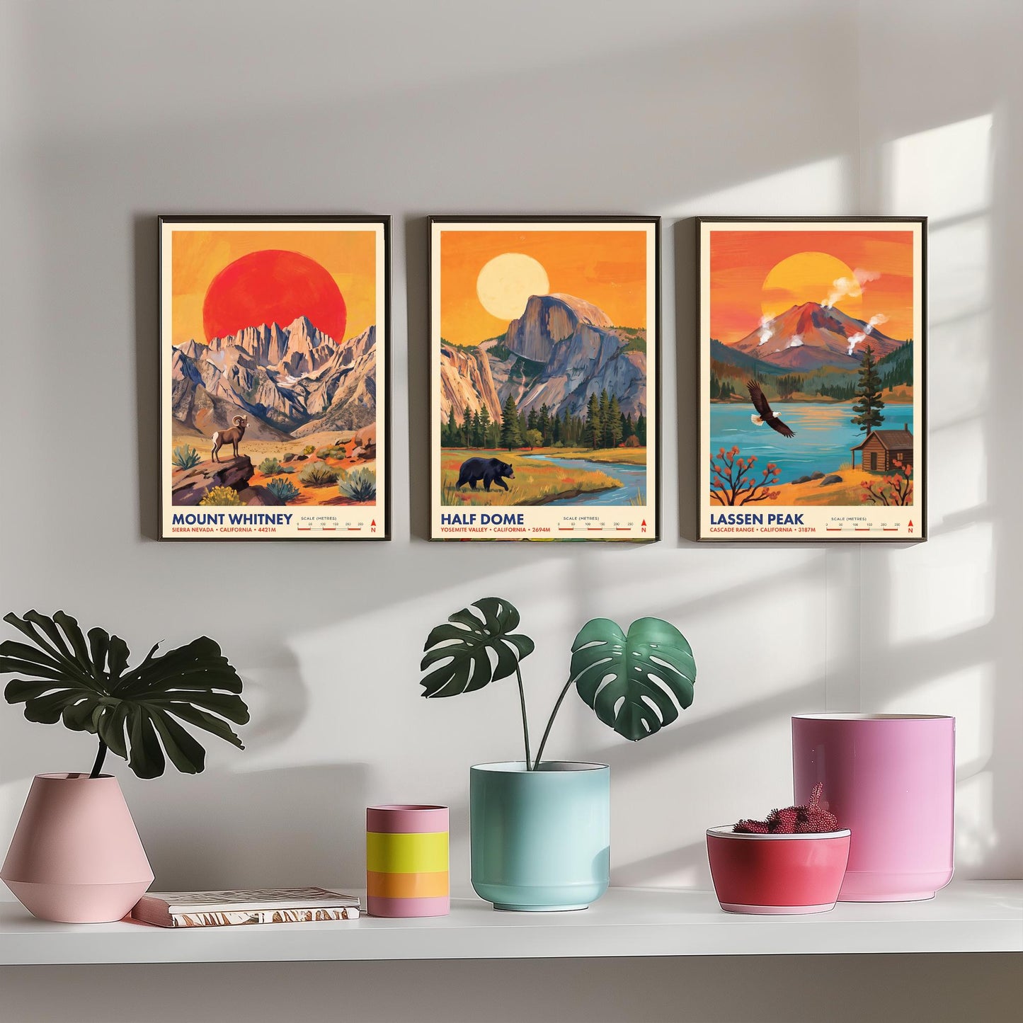 California Peaks Set of Three Art Prints - Mount Whitney, Half Dome, Lassen Peak - USA Mountain Travel Posters - Vibrant Painting