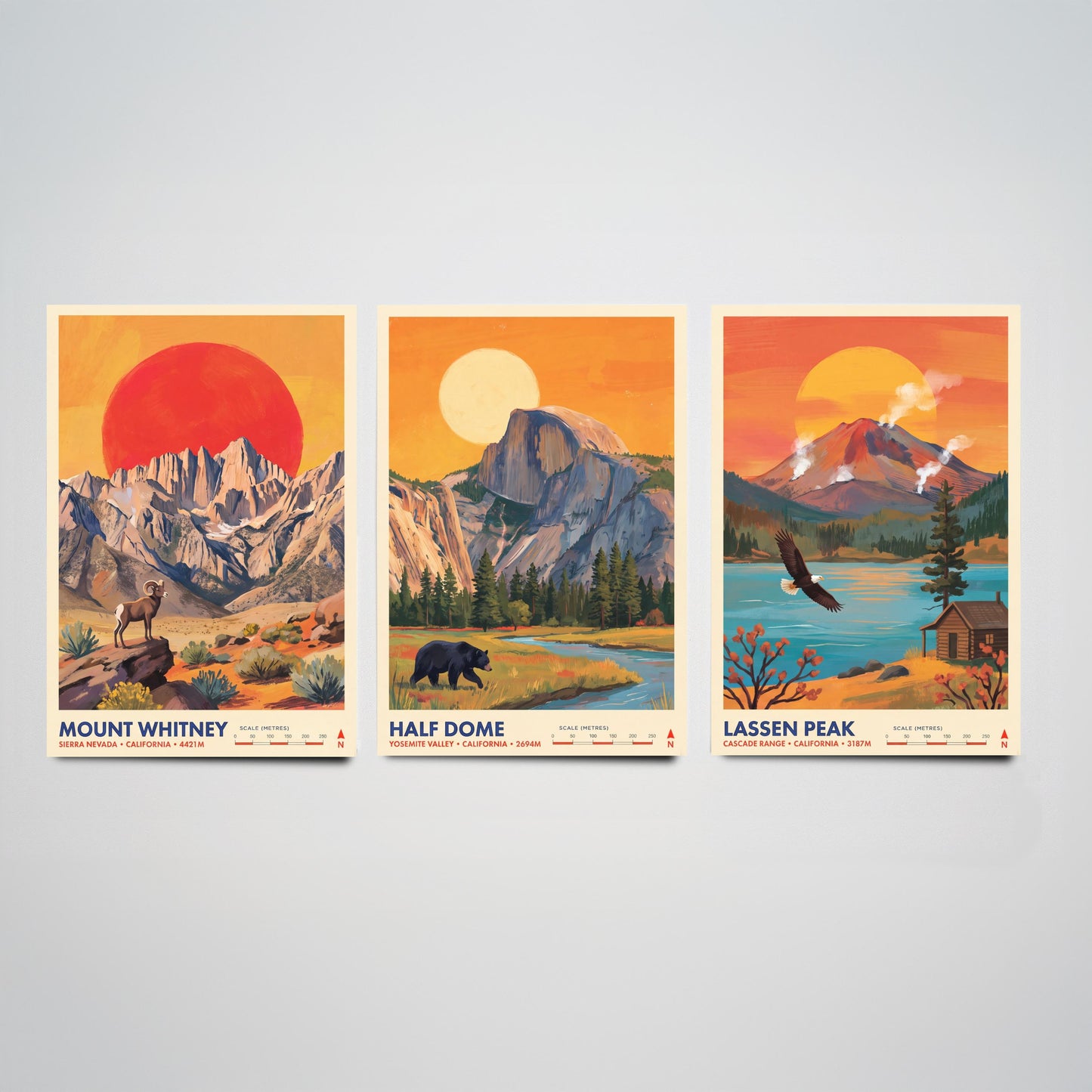 California Peaks Set of Three Art Prints - Mount Whitney, Half Dome, Lassen Peak - USA Mountain Travel Posters - Vibrant Painting