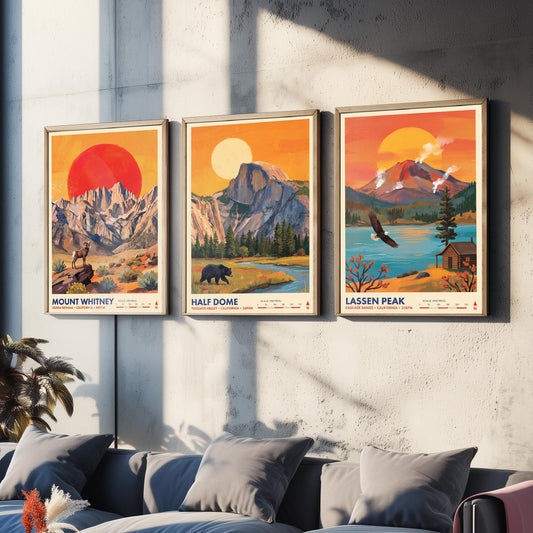 California Peaks Set of Three Art Prints - Mount Whitney, Half Dome, Lassen Peak - USA Mountain Travel Posters - Vibrant Painting