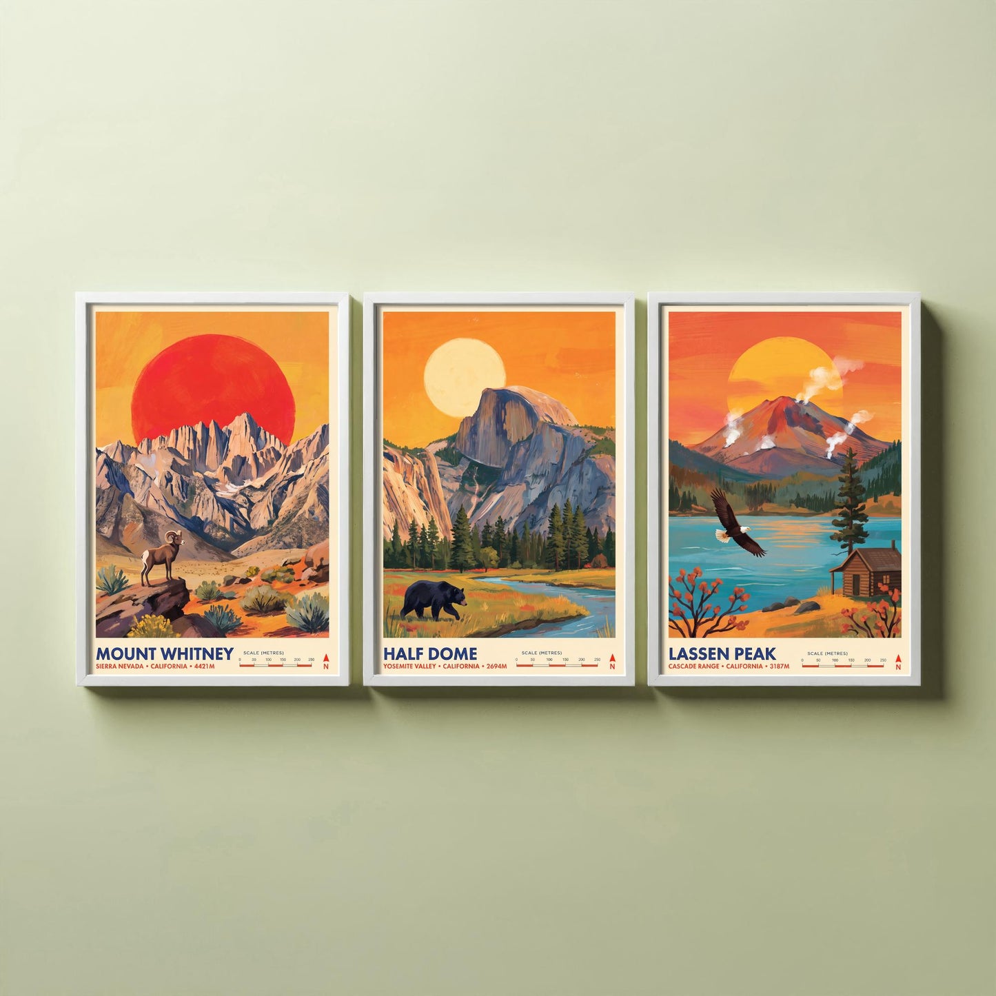 California Peaks Set of Three Art Prints - Mount Whitney, Half Dome, Lassen Peak - USA Mountain Travel Posters - Vibrant Painting