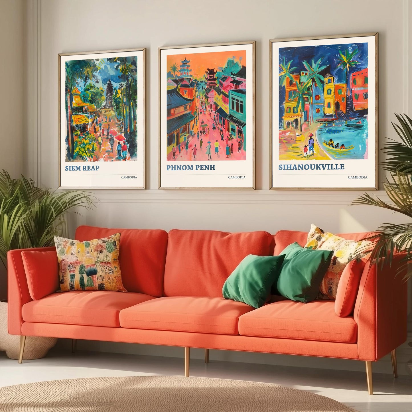 Cambodia Set of Three Prints | Siem Reap Phnom Penh Sihanoukville | Vibrant Travel Painting City Wall Art Poster