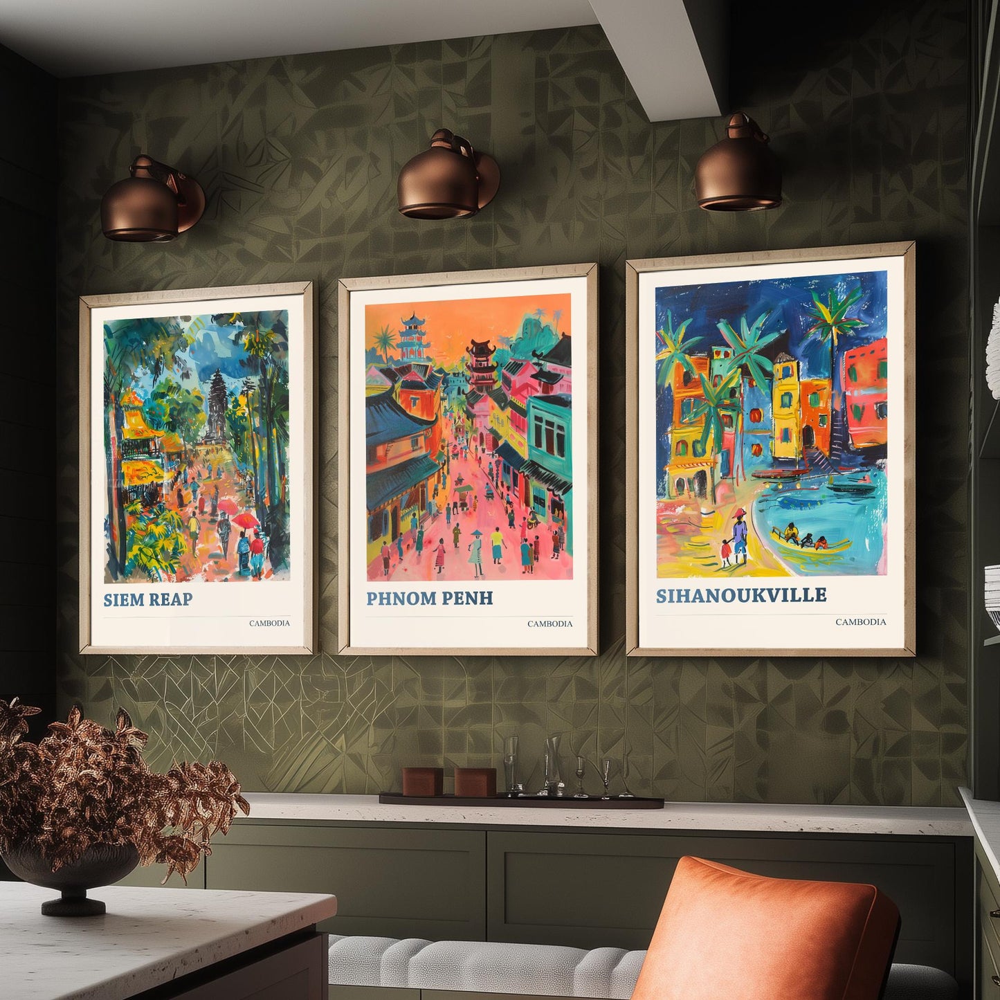Cambodia Set of Three Prints | Siem Reap Phnom Penh Sihanoukville | Vibrant Travel Painting City Wall Art Poster