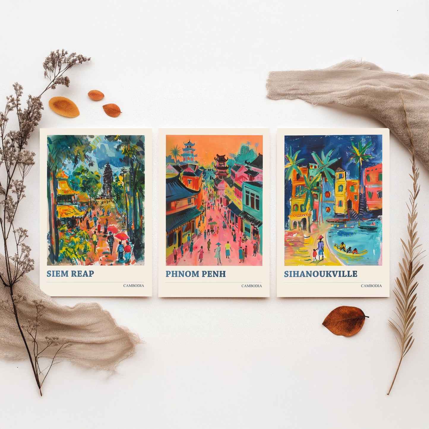 Cambodia Set of Three Prints | Siem Reap Phnom Penh Sihanoukville | Vibrant Travel Painting City Wall Art Poster