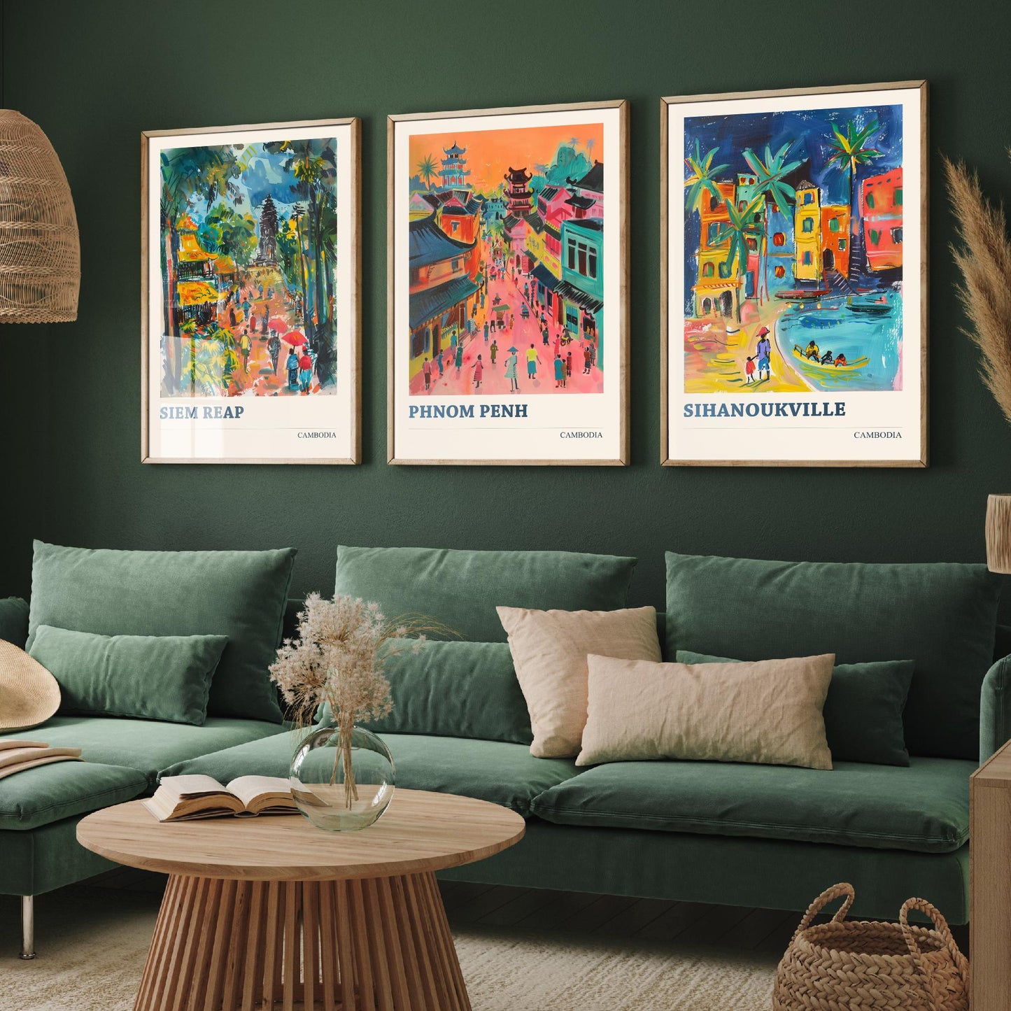 Cambodia Set of Three Prints | Siem Reap Phnom Penh Sihanoukville | Vibrant Travel Painting City Wall Art Poster