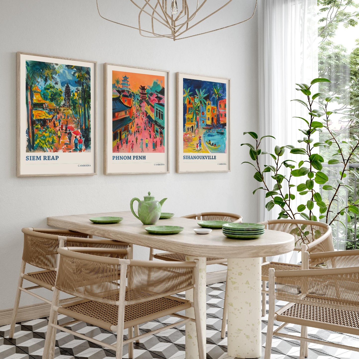 Cambodia Set of Three Prints | Siem Reap Phnom Penh Sihanoukville | Vibrant Travel Painting City Wall Art Poster
