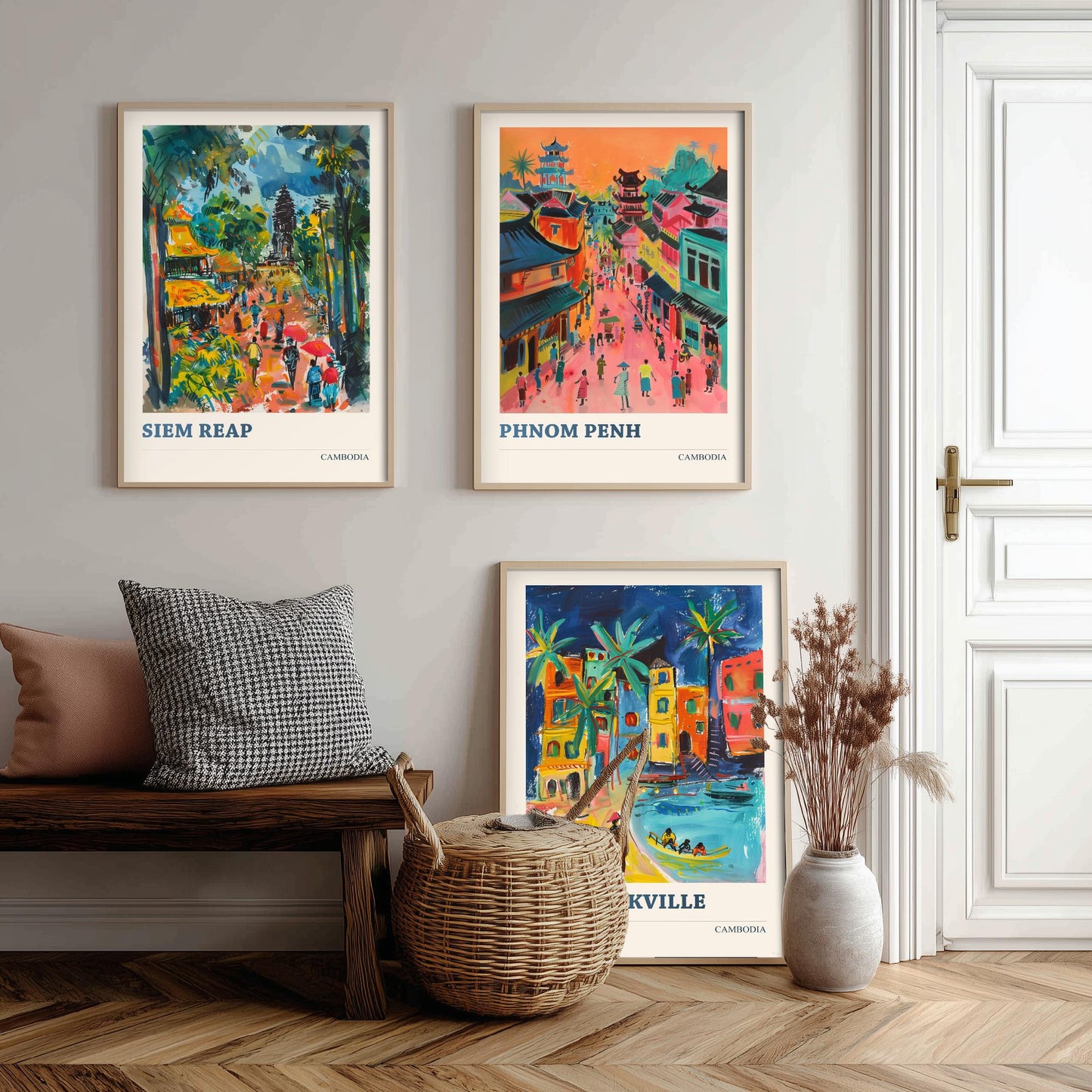Cambodia Set of Three Prints | Siem Reap Phnom Penh Sihanoukville | Vibrant Travel Painting City Wall Art Poster