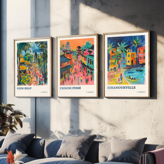 Cambodia Set of Three Prints | Siem Reap Phnom Penh Sihanoukville | Vibrant Travel Painting City Wall Art Poster