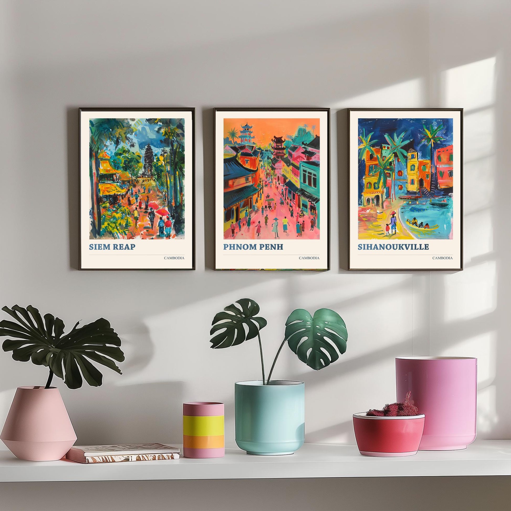 Cambodia Set of Three Prints | Siem Reap Phnom Penh Sihanoukville | Vibrant Travel Painting City Wall Art Poster