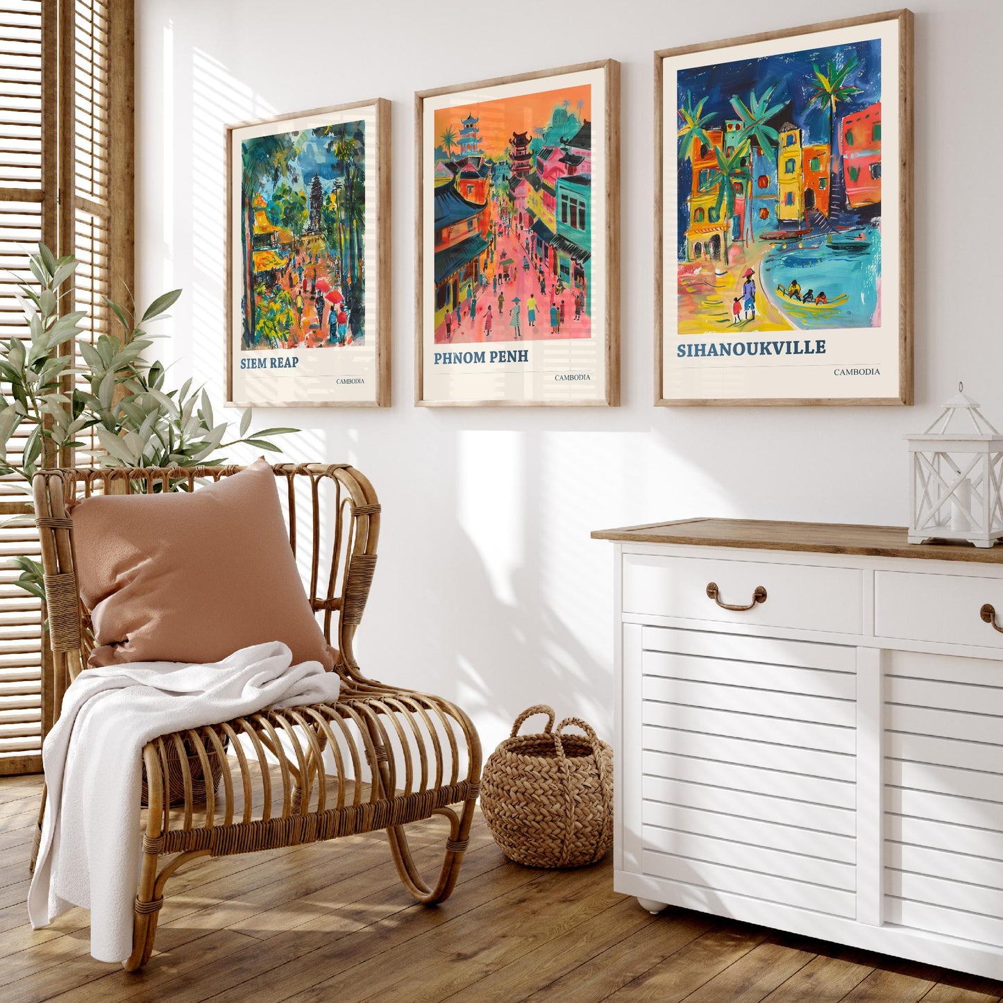 Cambodia Set of Three Prints | Siem Reap Phnom Penh Sihanoukville | Vibrant Travel Painting City Wall Art Poster