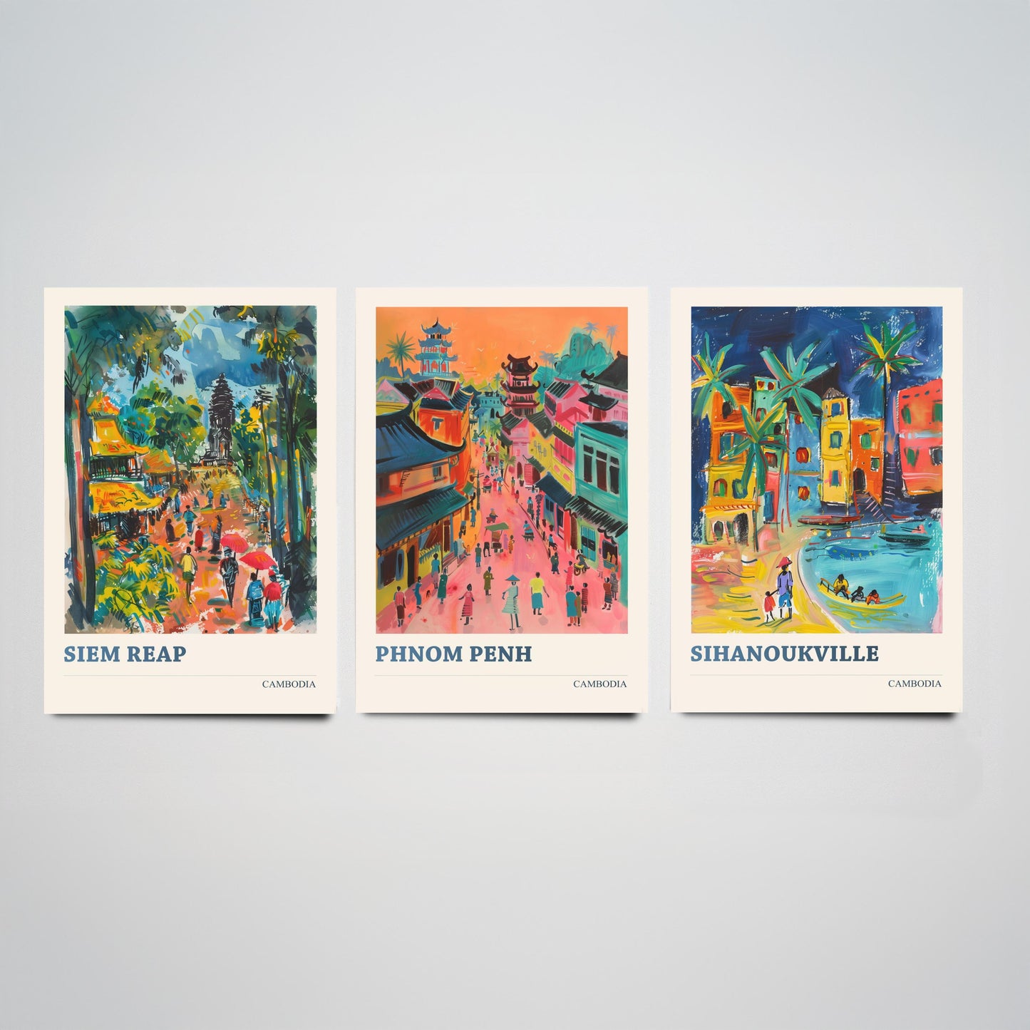 Cambodia Set of Three Prints | Siem Reap Phnom Penh Sihanoukville | Vibrant Travel Painting City Wall Art Poster