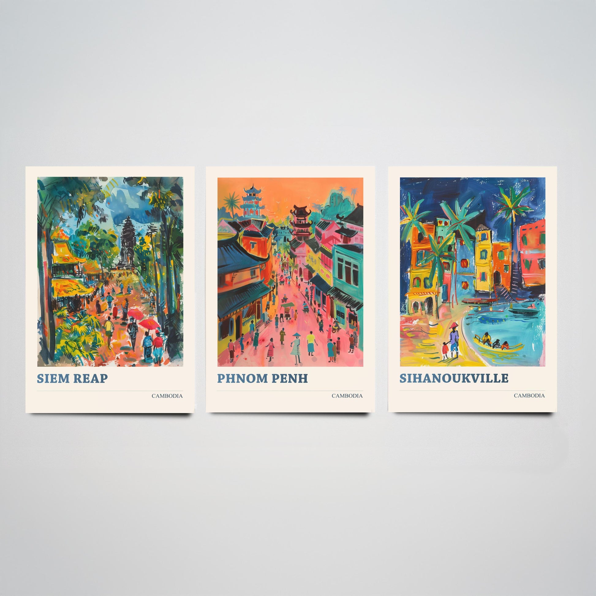 Cambodia Set of Three Prints | Siem Reap Phnom Penh Sihanoukville | Vibrant Travel Painting City Wall Art Poster
