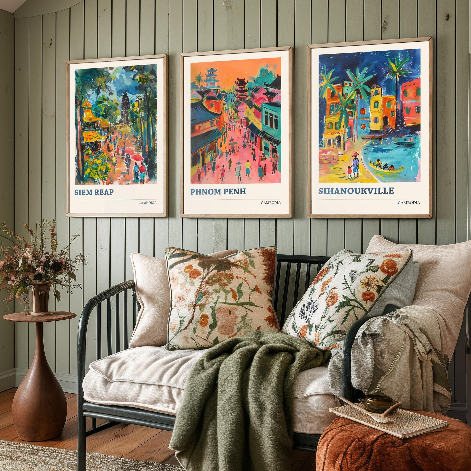 Cambodia Set of Three Prints | Siem Reap Phnom Penh Sihanoukville | Vibrant Travel Painting City Wall Art Poster