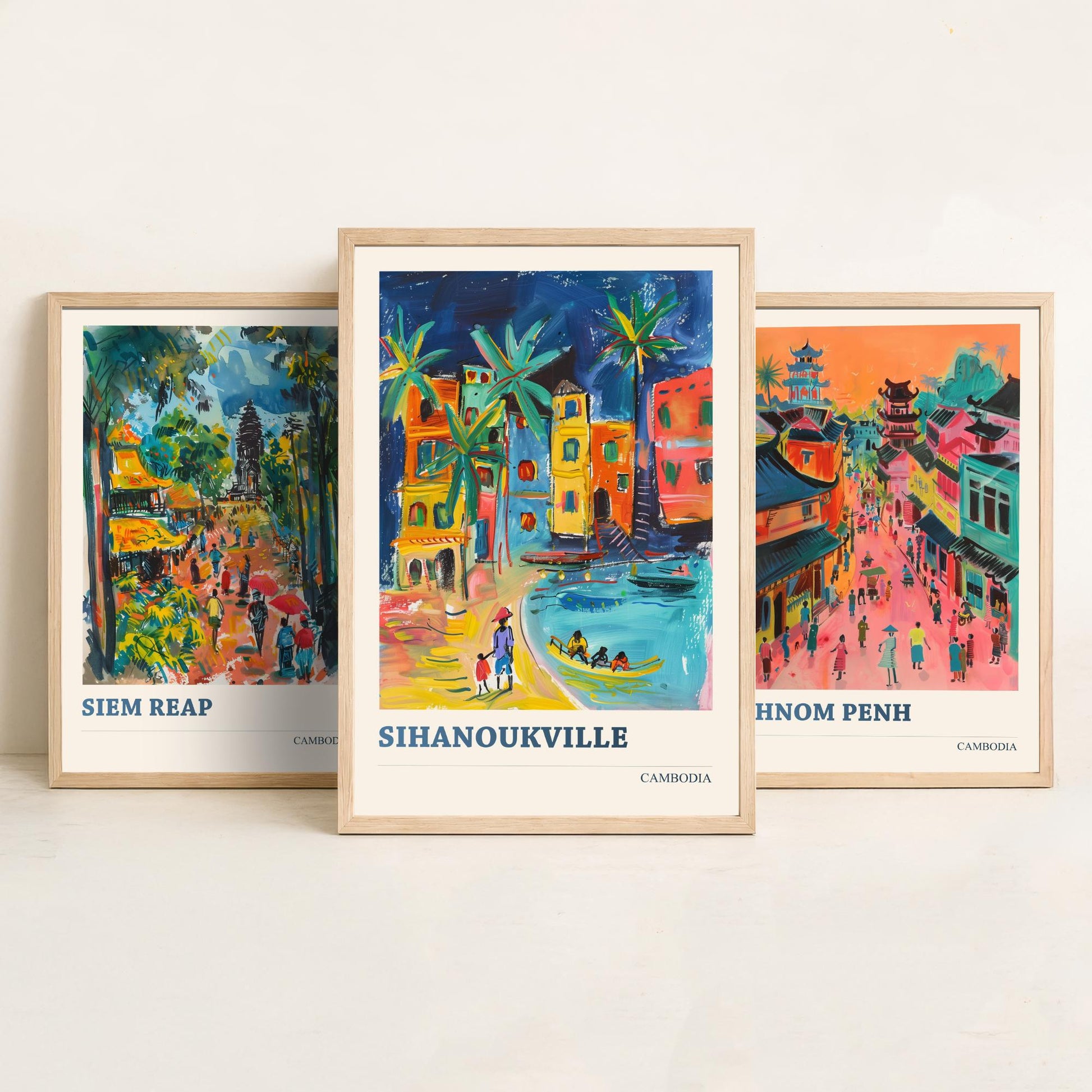 Cambodia Set of Three Prints | Siem Reap Phnom Penh Sihanoukville | Vibrant Travel Painting City Wall Art Poster