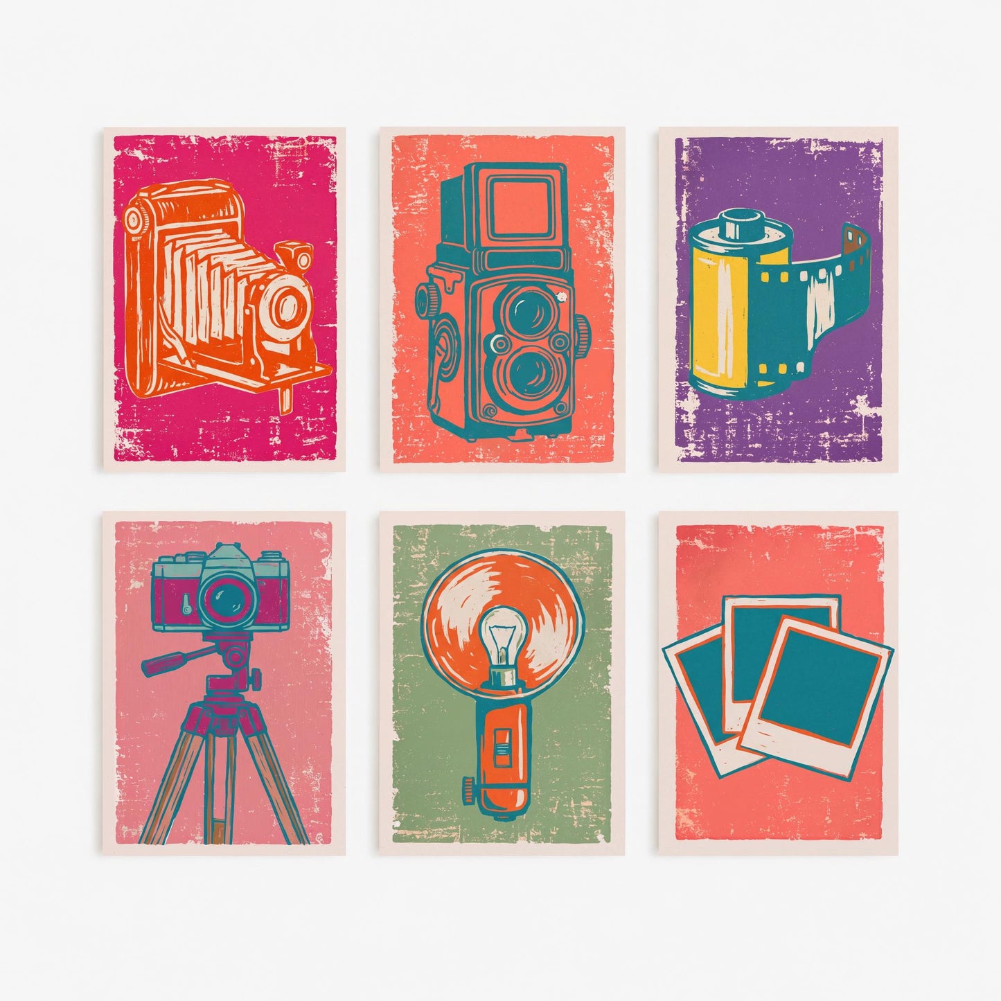 Set of Six Cameras and Photography Linocut Art Prints - 6 Illustrations - Bellows Camera, Twin Lens Reflex, Film Roll, Tripod, Flash Posters