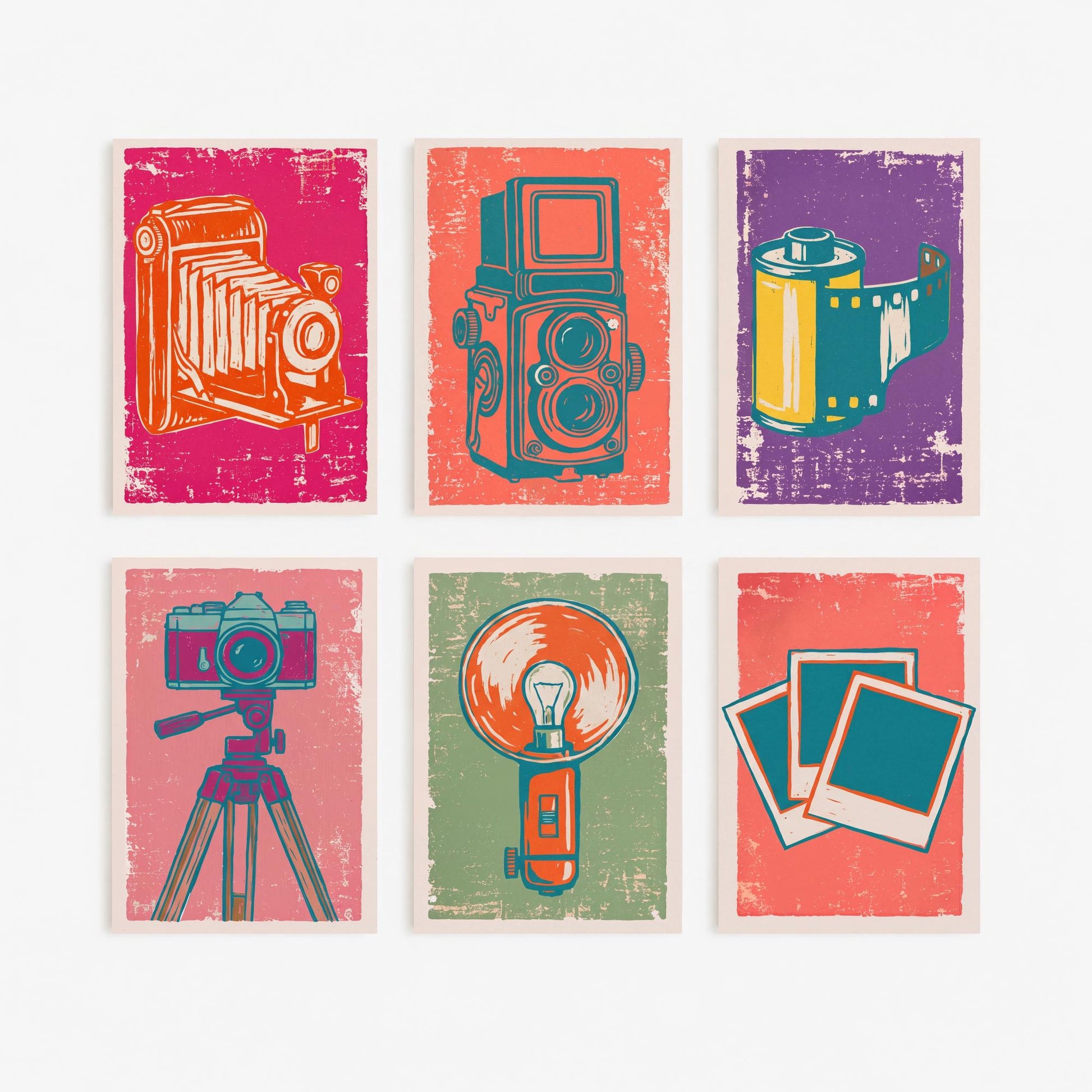 Set of Six Cameras and Photography Linocut Art Prints - 6 Illustrations - Bellows Camera, Twin Lens Reflex, Film Roll, Tripod, Flash Posters