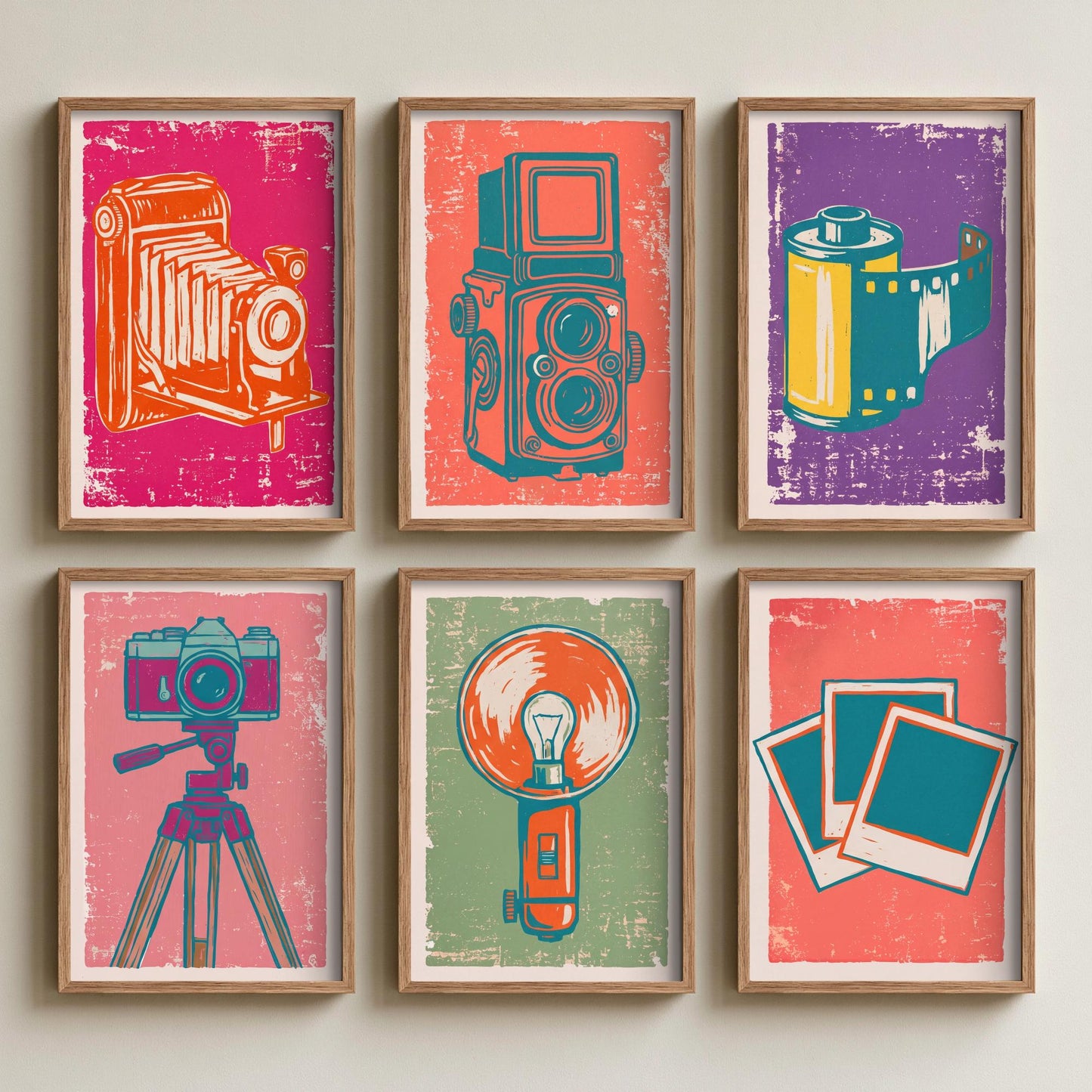 Set of Six Cameras and Photography Linocut Art Prints - 6 Illustrations - Bellows Camera, Twin Lens Reflex, Film Roll, Tripod, Flash Posters