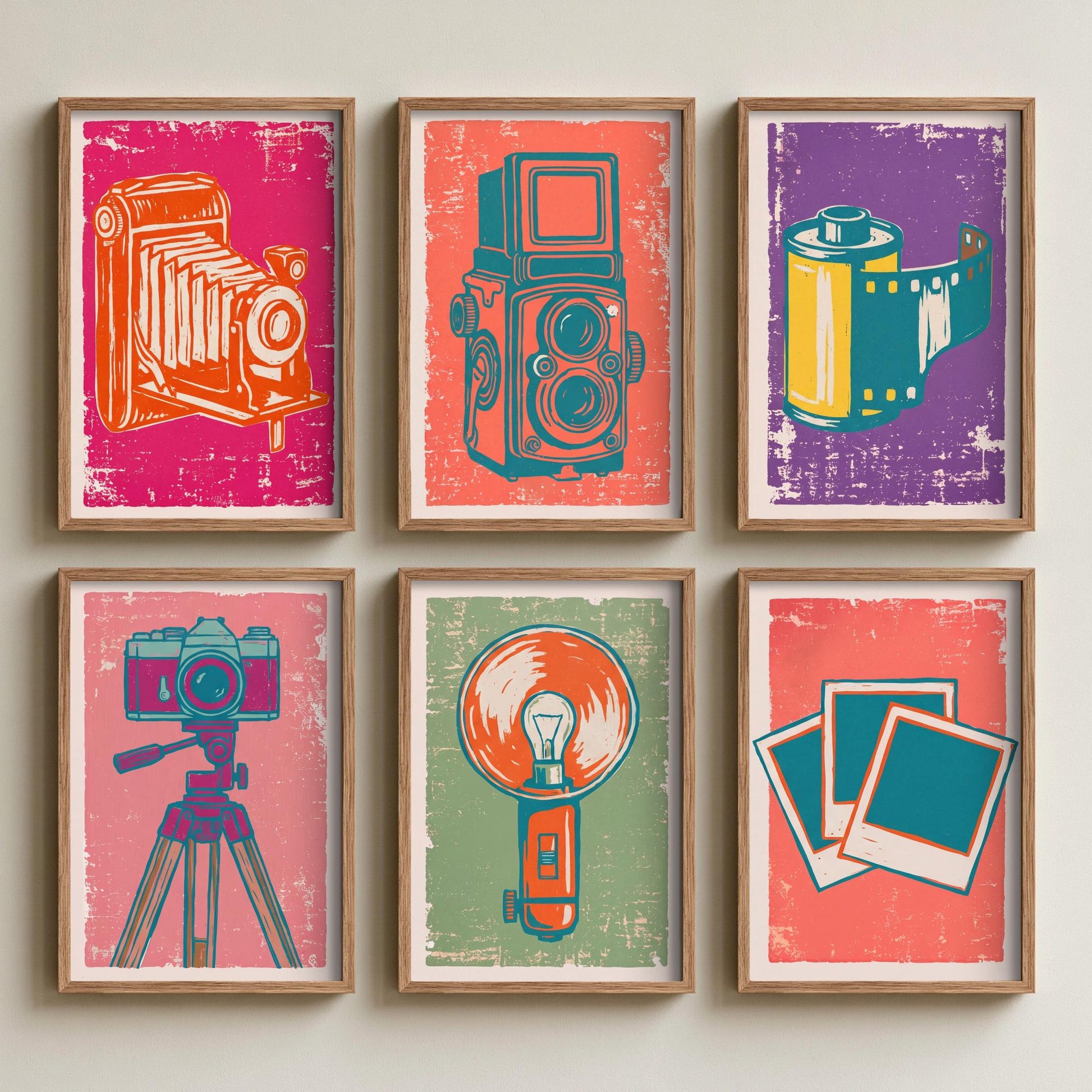 Set of Six Cameras and Photography Linocut Art Prints - 6 Illustrations - Bellows Camera, Twin Lens Reflex, Film Roll, Tripod, Flash Posters