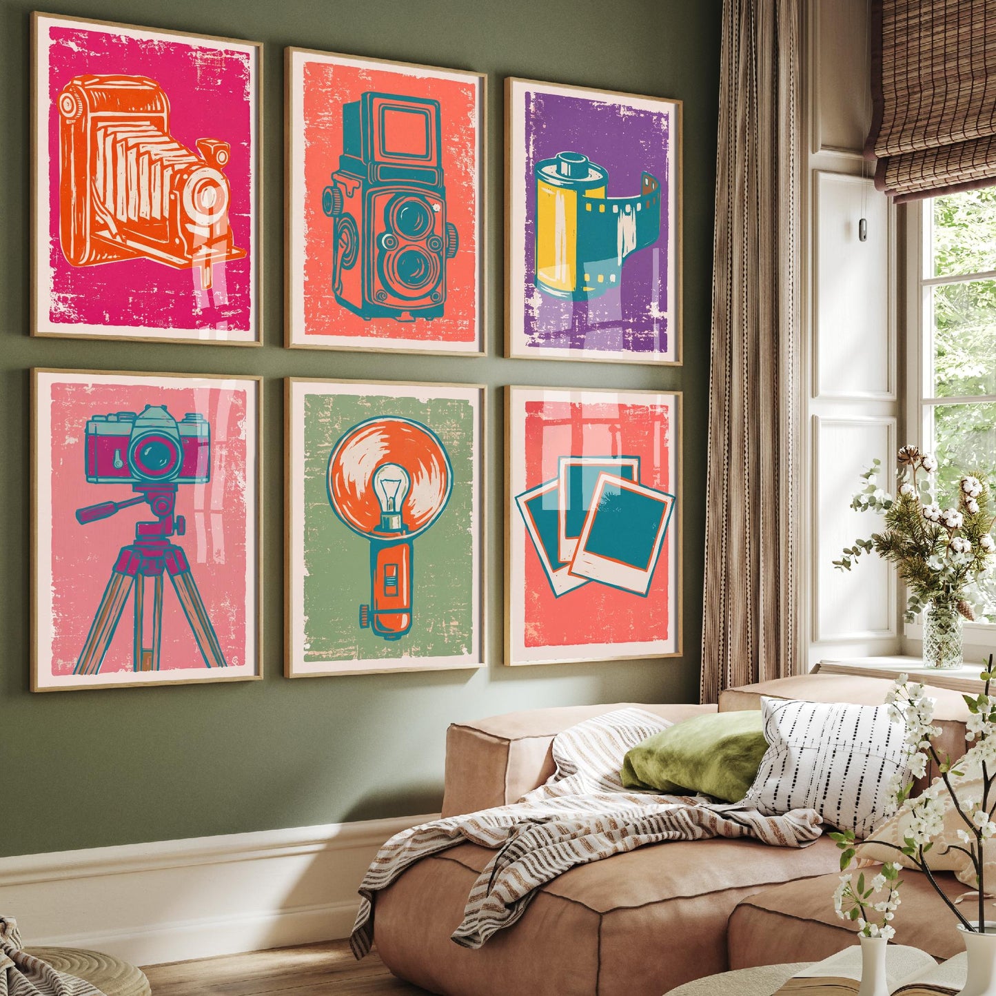Set of Six Cameras and Photography Linocut Art Prints - 6 Illustrations - Bellows Camera, Twin Lens Reflex, Film Roll, Tripod, Flash Posters
